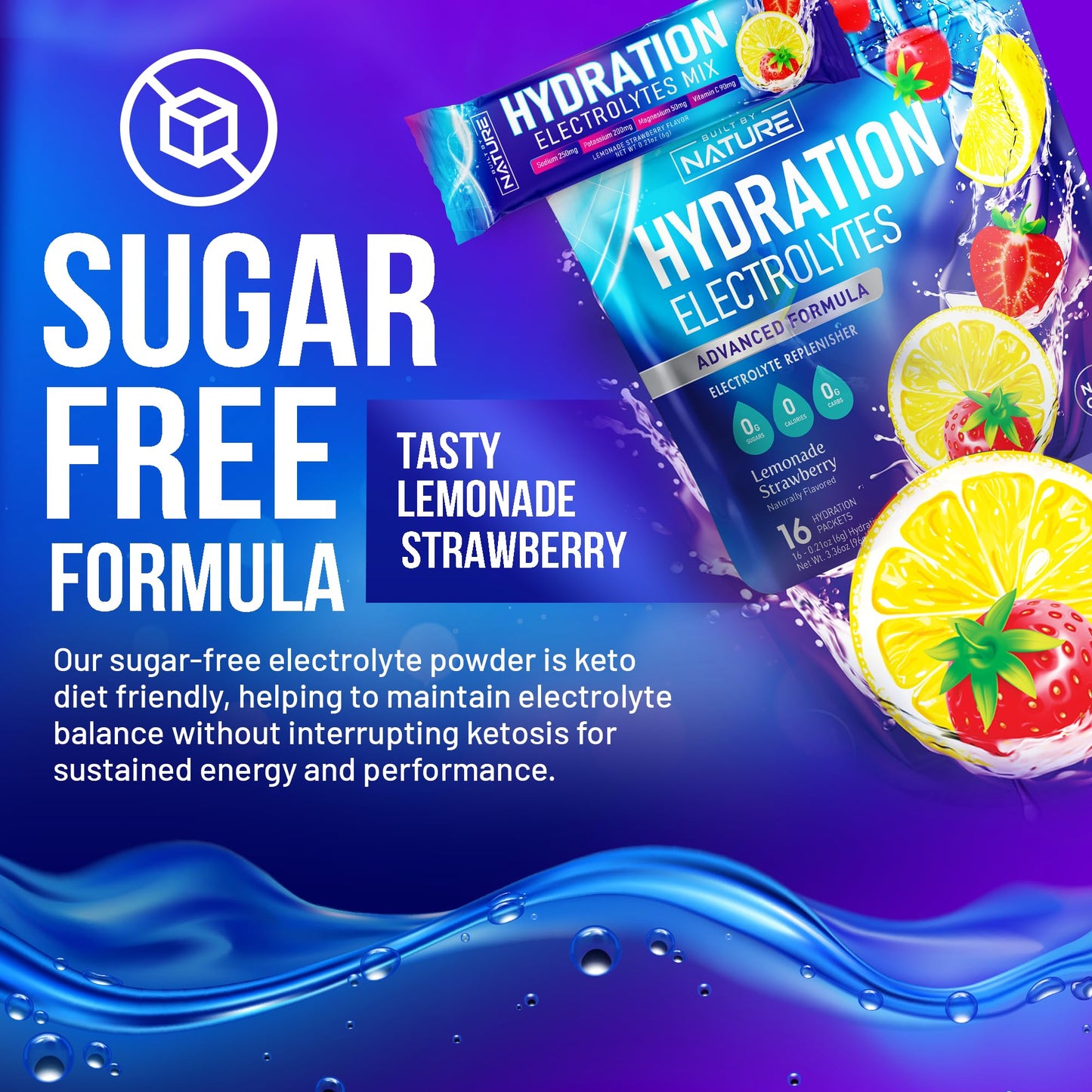 Electrolytes Powder Hydration Packets - Recovery Drink Mix with Sodium, Potassium, Magnesium, Calcium, Vitamin C & Zinc - Sugar Free, Keto, Non GMO & Vegan - Strawberry Lemonade - 16 Sticks