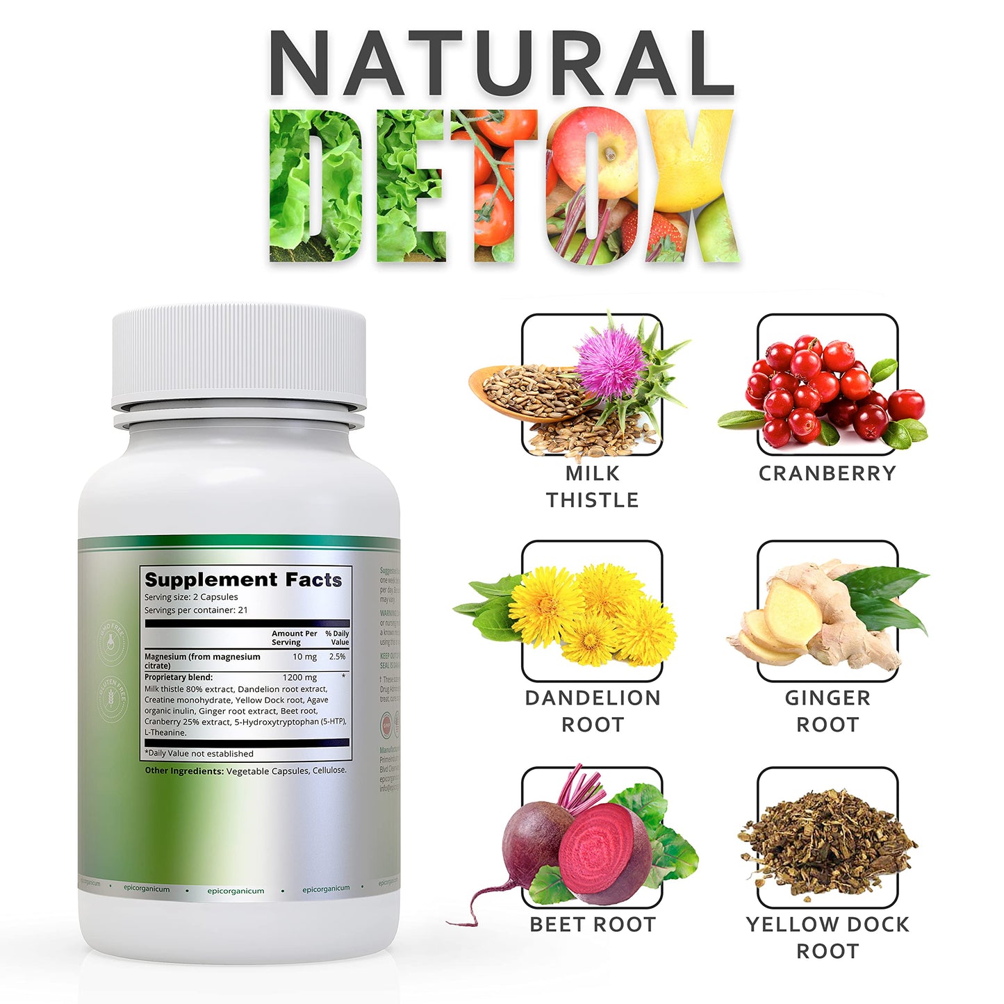 Epic Organicum 7 Day Detox Cleanse | Ultimate Strenght Colon Cleanse & Liver Detox | Promotes Healthy Gut Support | Detox Cleanse for Men & Women | Made in The USA | 42 Capsules