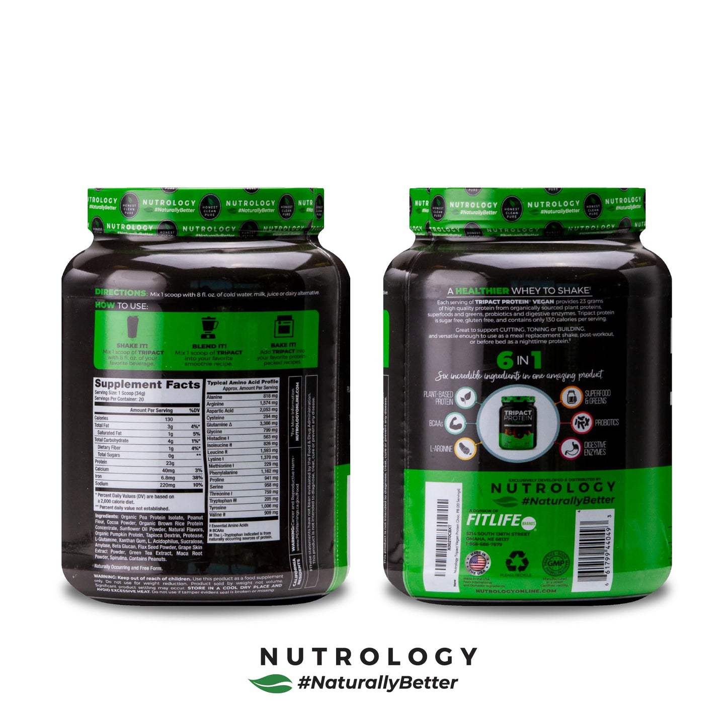 Nutrology TRIPACT Vegan Protein Powder - Vegan Meal Replacement Shakes with Organic Pea, Rice, & Pumpkin, Plant Based Protein Powder, BCAAs & Glutamine, Non-GMO, Chocolate Peanut Butter, 20 Servings