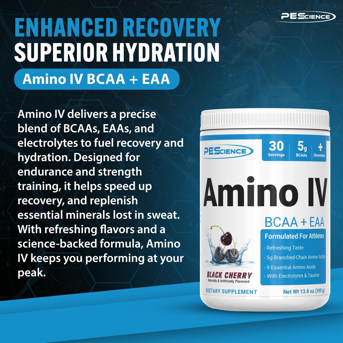 PEScience Amino IV BCAA & EAA Powder, Black Cherry, 60 Scoop, Essential Amino Acids, Taurine, Electrolytes for Hydration and Muscle Recovery, Sugar Free for Men & Women, Post Workout