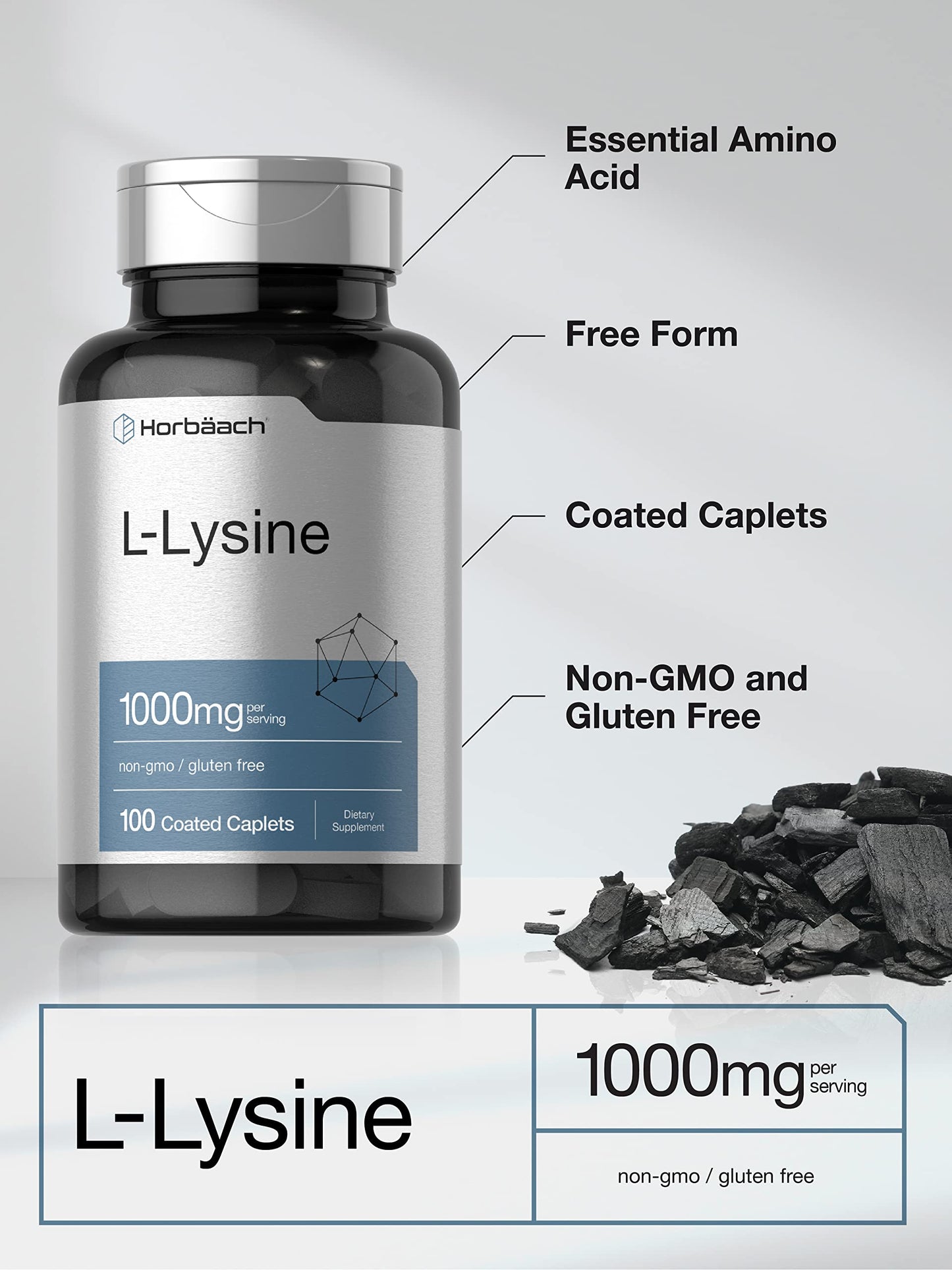 Horbäach L-Lysine 1000mg | 100 Coated Caplets | Free Form Dietary Supplement | Essential Amino Acid | Vegetarian, Non-GMO, and Gluten Free Formula