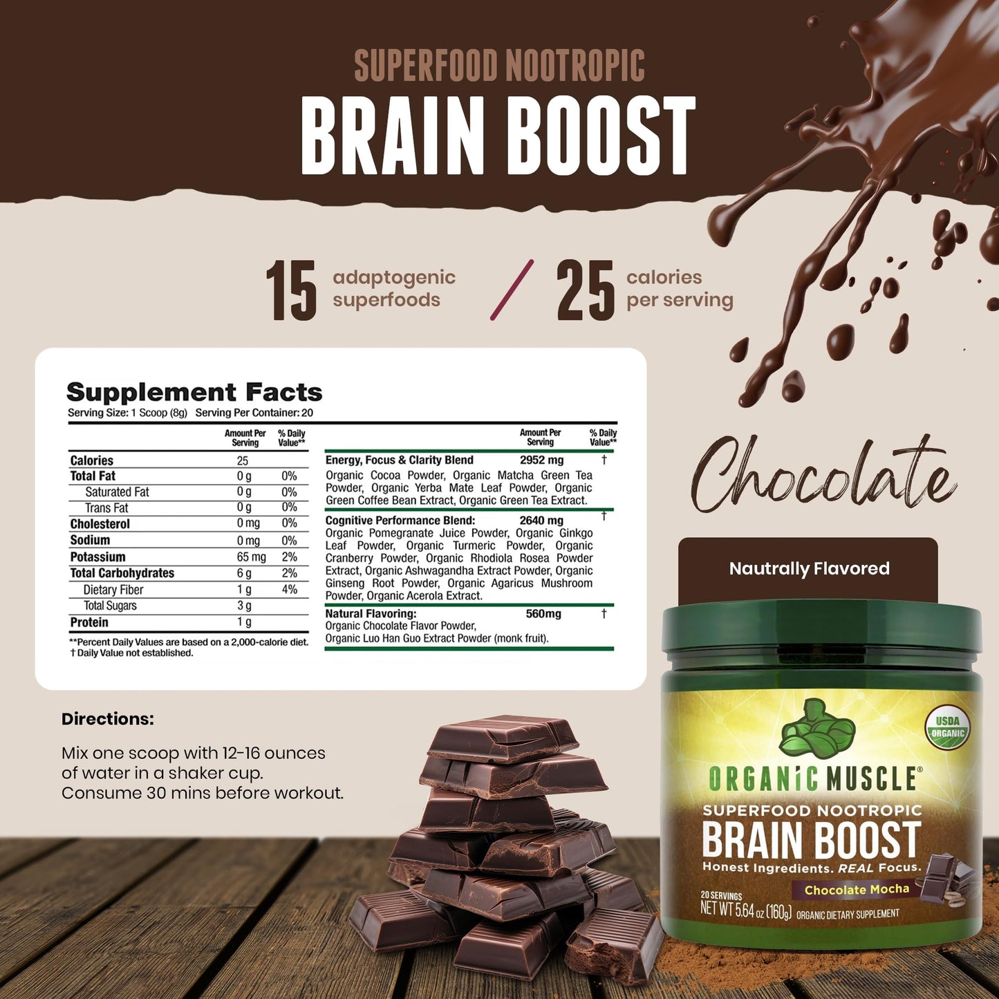 Organic Muscle Brain Boost Nootropics Blend - Vegan & Organic Superfood Health Supplements for Focus, Memory & Productivity with Ashwagandha, Ginkgo & Ginseng - Chocolate Flavor, 20 Servings