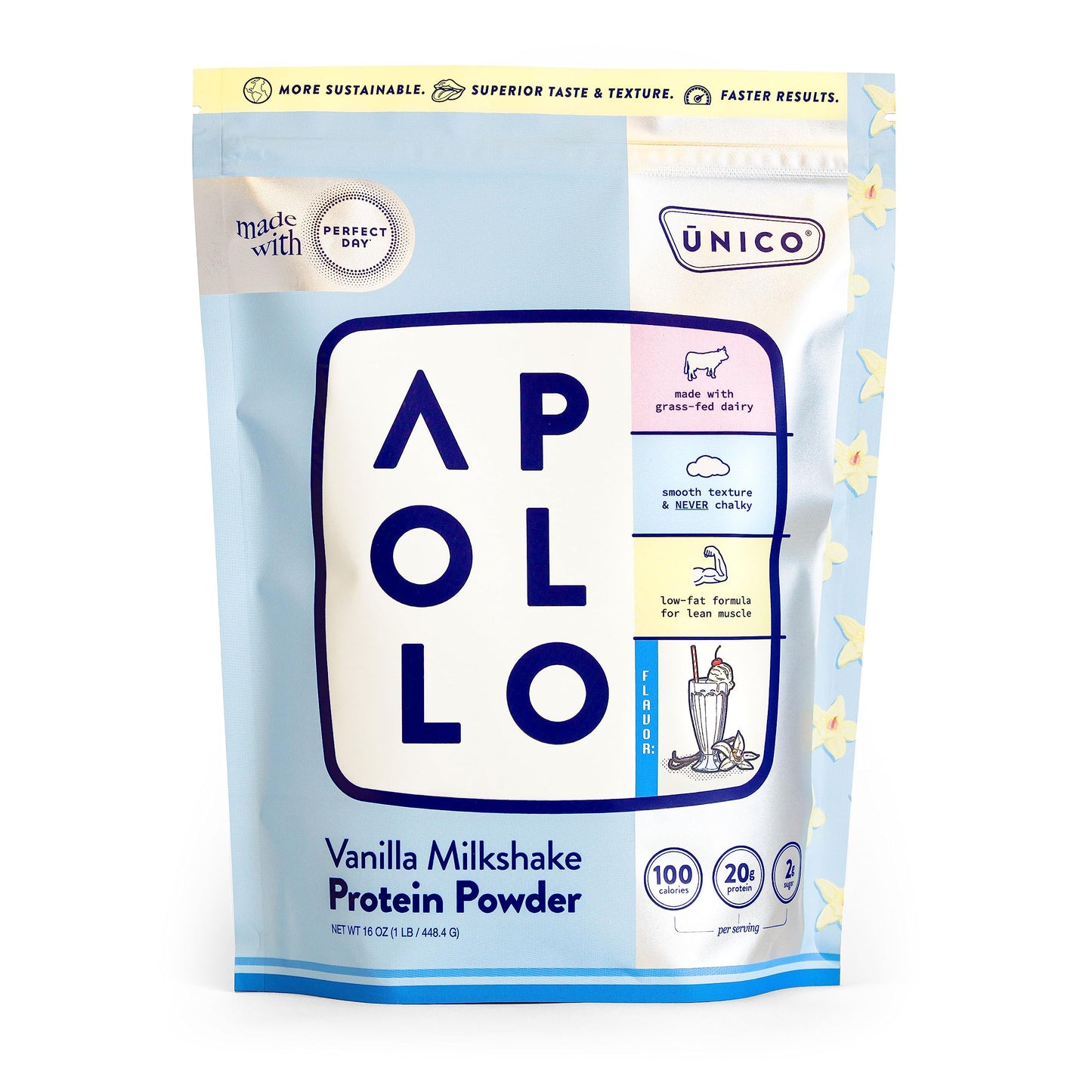 Unico Apollo Vanilla Milkshake Protein Powder - 100 Calories - 20g Protein - 0g Sugar - Non-Chalky & Easy to Digest - Whey/Casein Blend - Keeps You Full & Reduces Cravings | Great for Weight Loss