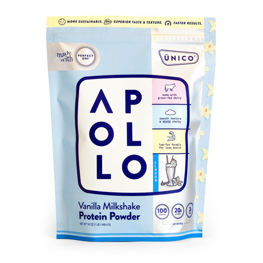 Unico Apollo Vanilla Milkshake Protein Powder - 100 Calories - 20g Protein - 0g Sugar - Non-Chalky & Easy to Digest - Whey/Casein Blend - Keeps You Full & Reduces Cravings | Great for Weight Loss