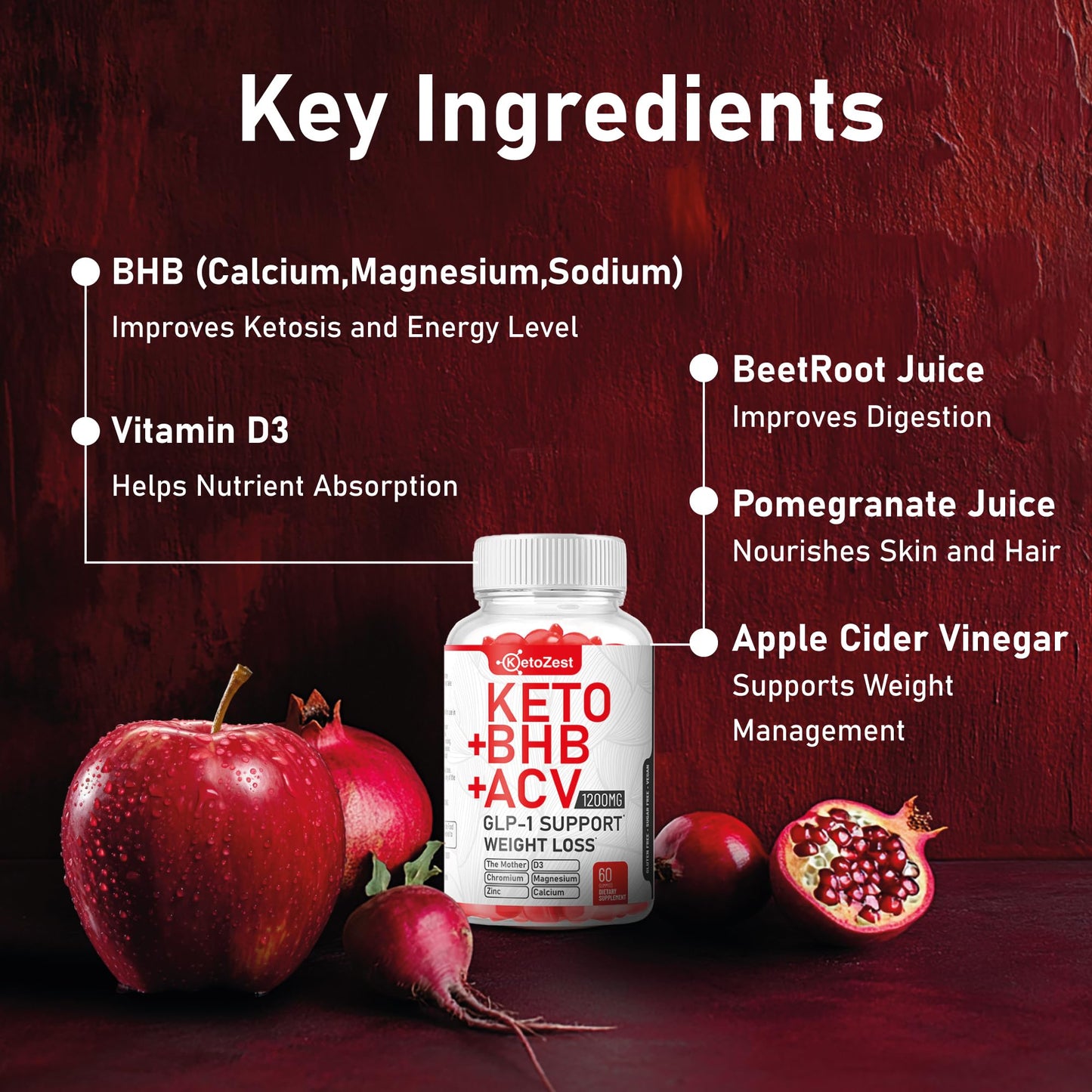 Organic Keto ACV BHB GLP-1 Gummies - Apple Cider Vinegar with The Mother Supplement - Vitamin D3 Zinc Beetroot Pomegranate Chromium Beta Hydroxybutyrate - Vegan Sugar Gluten Free for Men Women