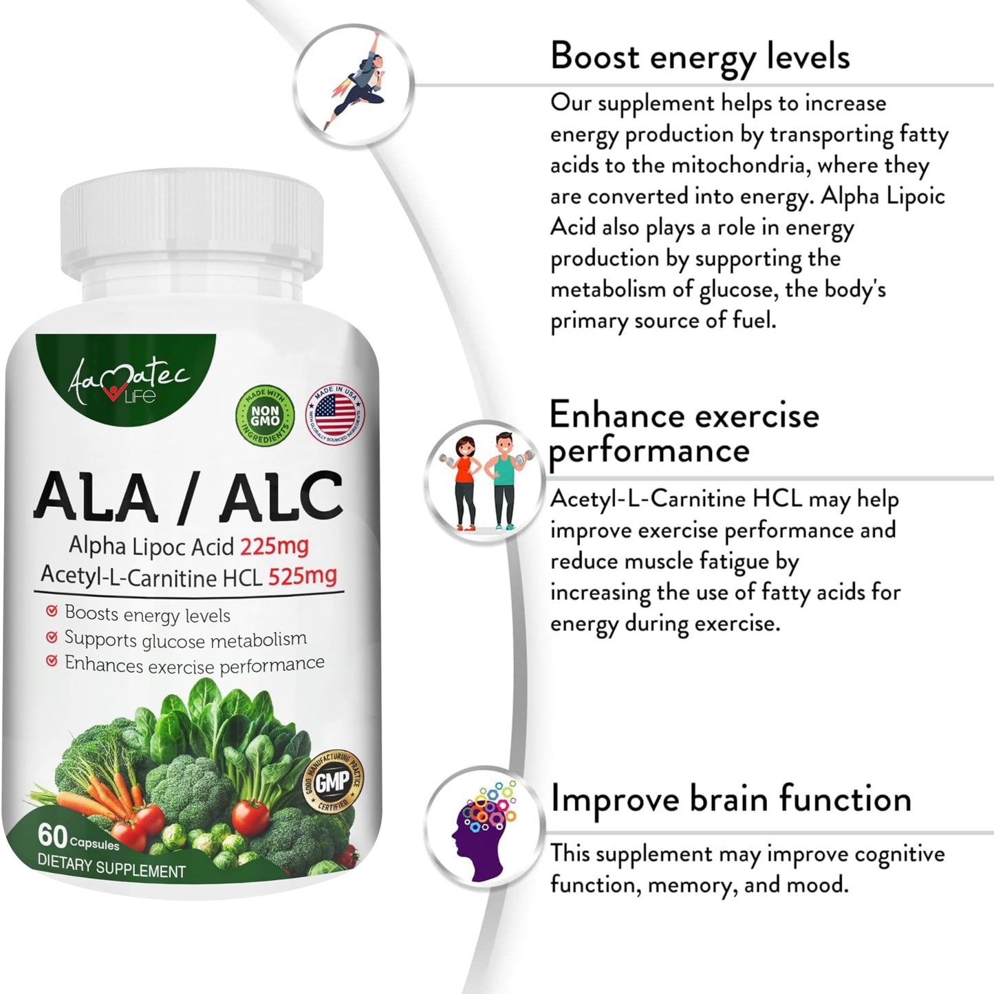 AAMATEC LIFE ALA/ALC High Potency Formula- Best Alpha Lipoic Acid and Acetyl-L-Carnitine HCl Dietary Supplement- Antioxidant Support- Energy Boost- for Men and Women 60 Capsules