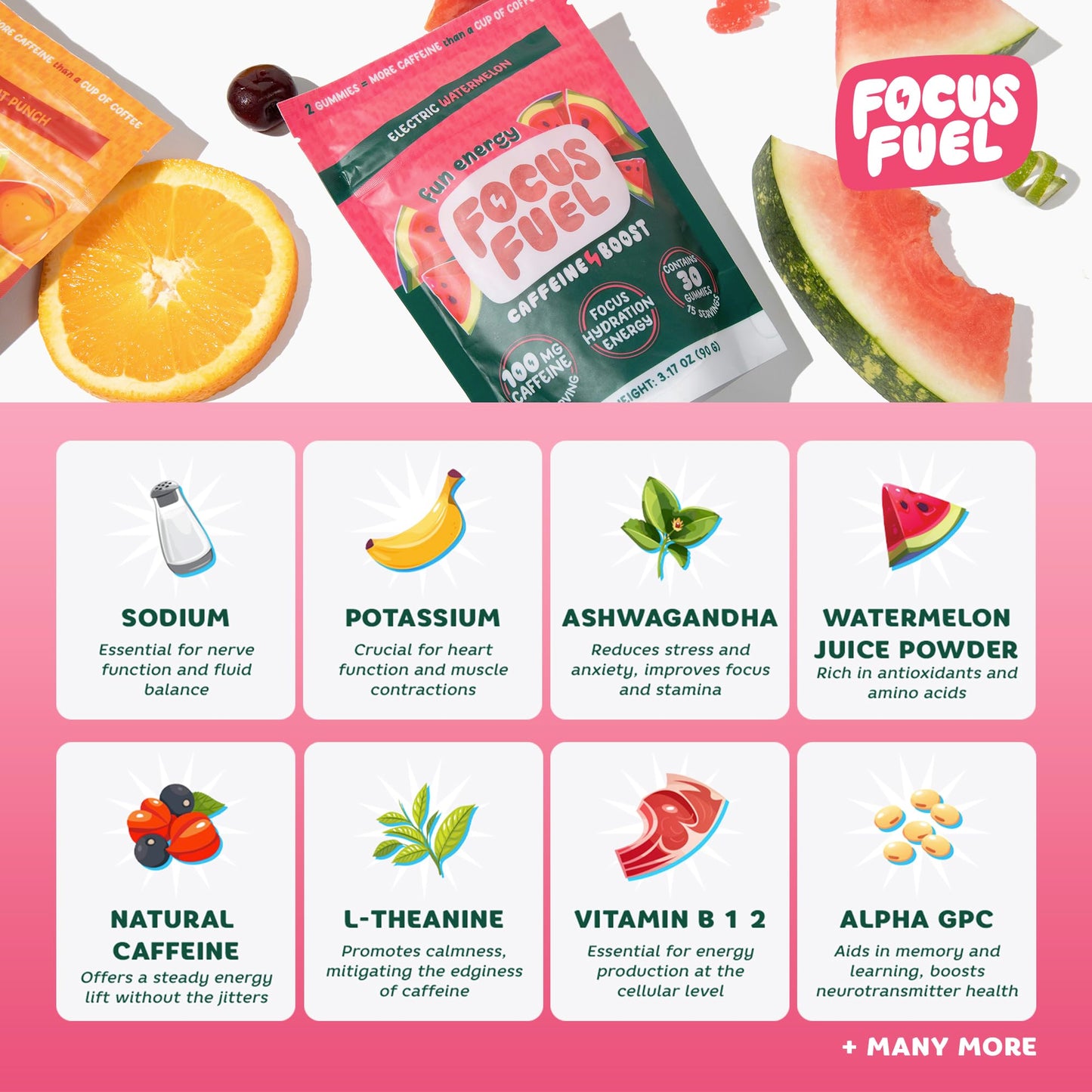 FocusFuel Energy + Focus Gummy, 100mg Caffeine per 2 Gummies, Includes B12, Magnesium, Electrolytes, All-Natural Ingredients for On-The-Go, No Jitters or Crash (Watermelon Flavor - 30 Chews, 3.17oz)