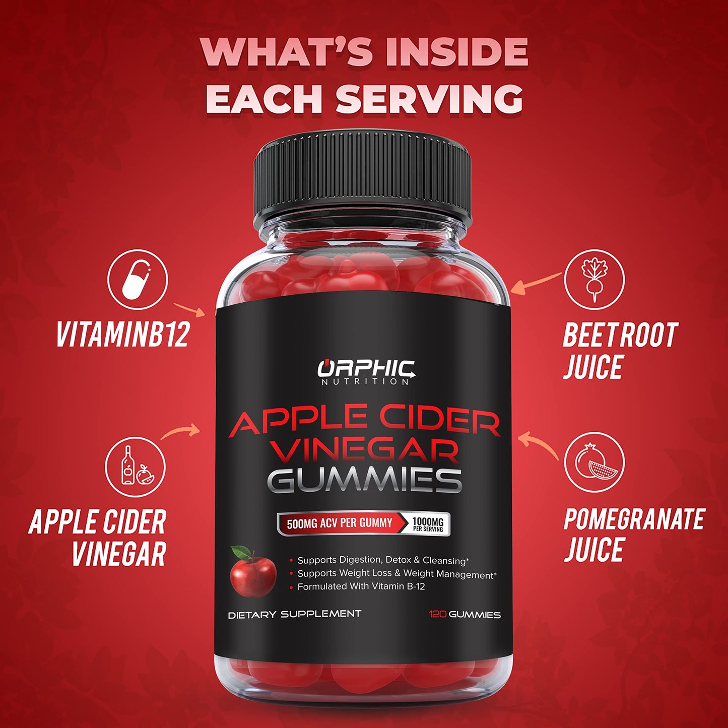 Apple Cider Vinegar Gummies - 1000mg - Formulated to Support Normal Energy Levels & Gut Health - Supports Digestion, Detox & Cleansing - ACV Gummies W/VIT B12, Beetroot (120 Gummies)