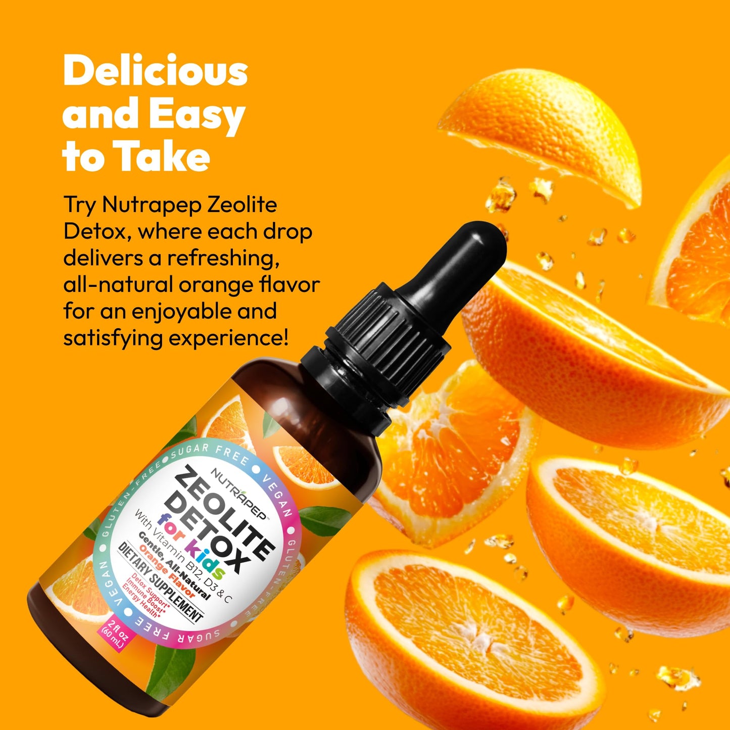 NutraPep Zeolite Detox for Kids - Gentle Micronized Clinoptilolite Supplement with Vitamin B12 C D - Full Body Cleanse Liquid Drops for Children Toddlers - Orange Flavor Vegan Gluten-Free