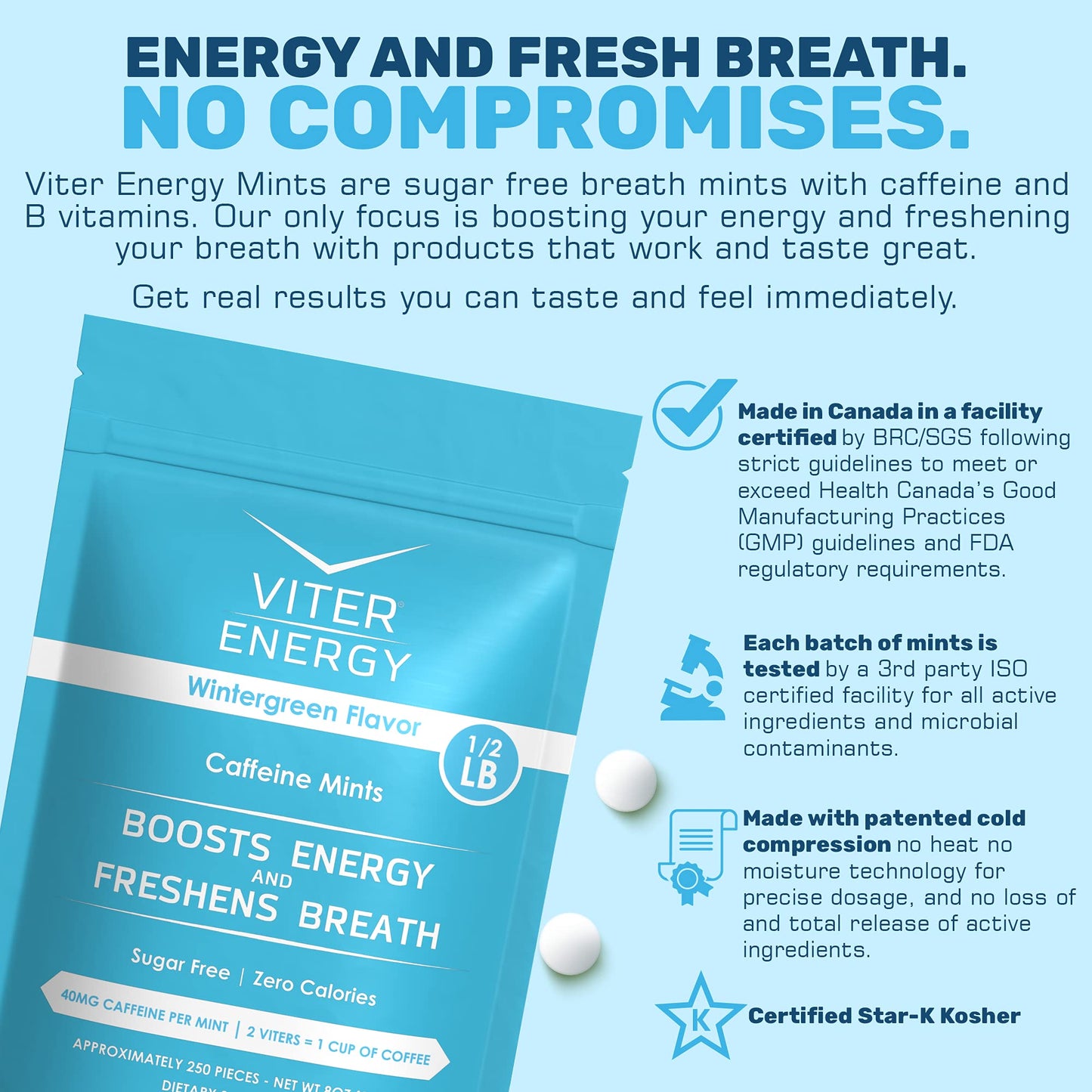 Viter Energy 40mg Caffeine Mints - Sugar Free, B Vitamins, Vegan, Boosts Fast Energized Alert Focus, Caffeinated Nootropic Supplement Pills (Wintergreen Flavor, 8oz, Bulk Bag)