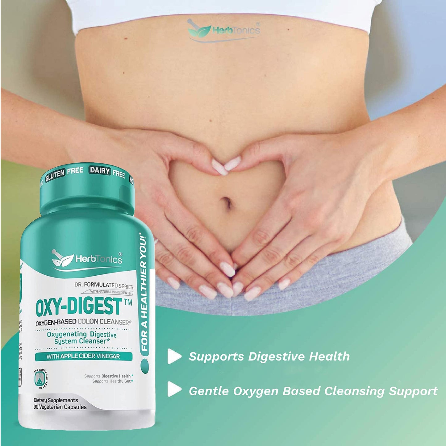 Herbtonics Oxygen Based Colon Cleanse and Detox Digestive System Formula | with Apple Cider Vinegar | Colon Cleanser Pills for Adults | 90 Gluten Free Vegan Capsules