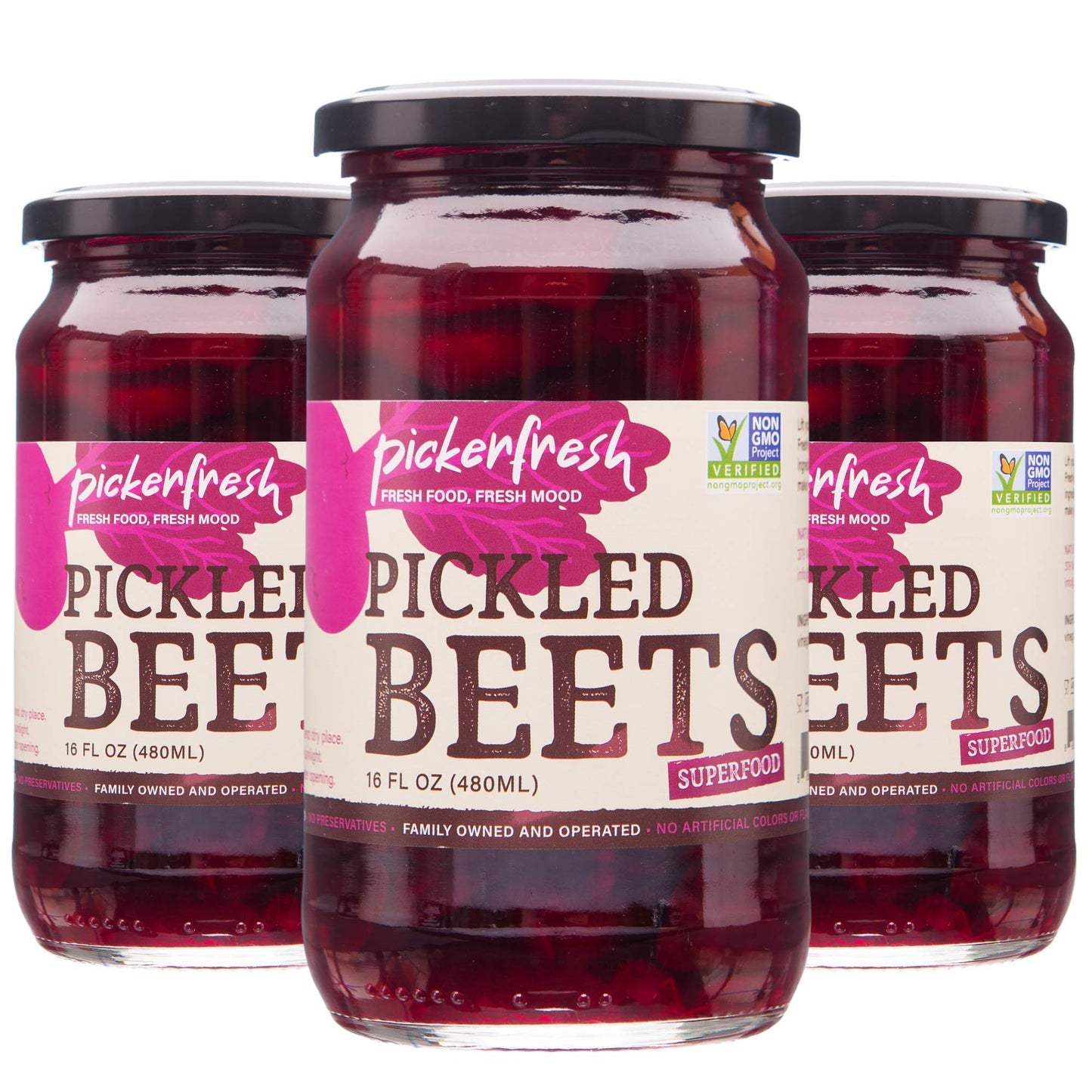 Pickerfresh Pickled Beets 16 Oz Pack of 3 100 Natural and Certificated Crinkle Cut Sliced Beetroot No Artificial Color and No Preservatives NonGMO Gluten Free Kosher Ready to Eat