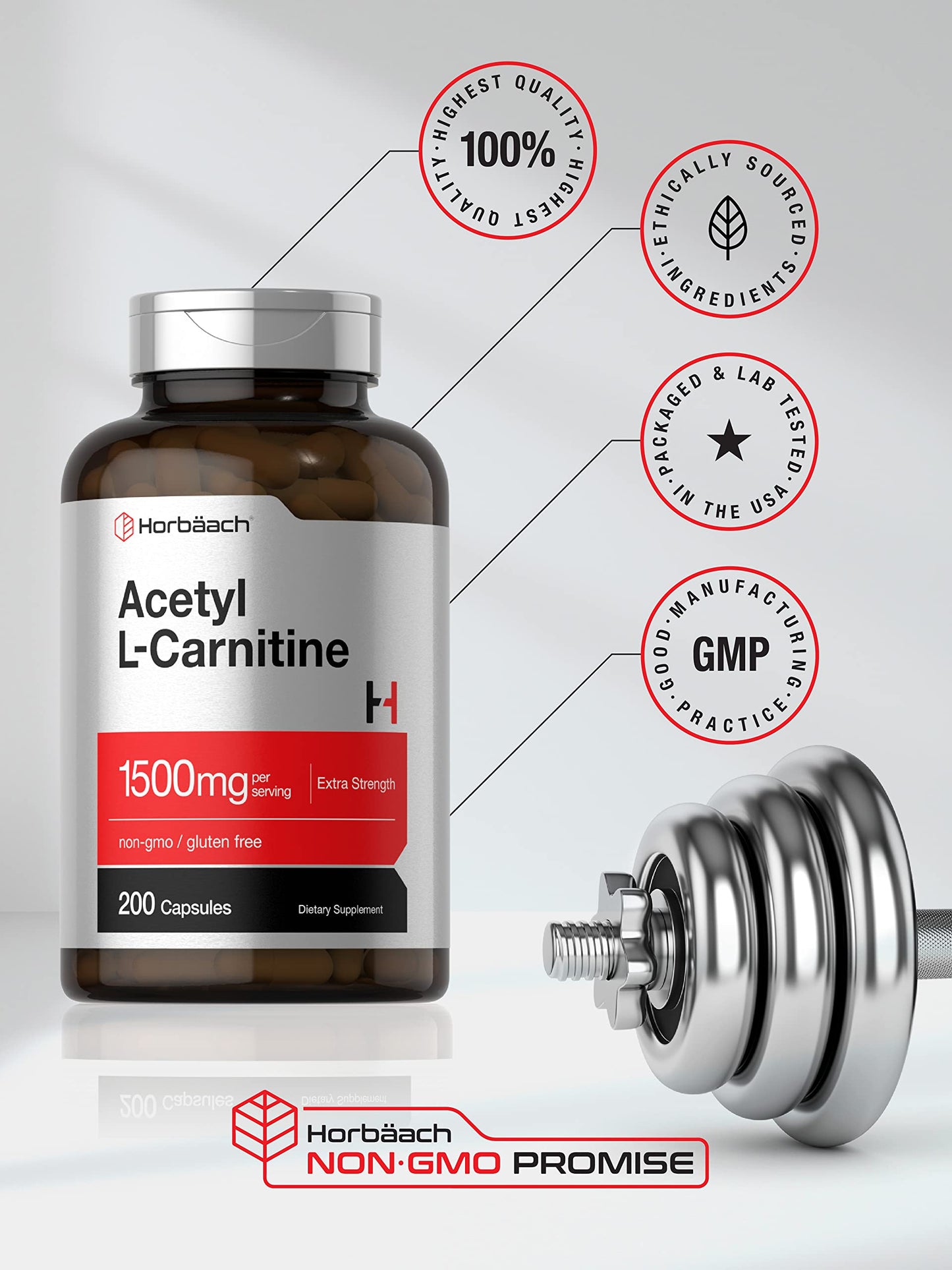 Horbäach Acetyl L-Carnitine 1500mg | 200 Capsules | Extra Strength Supplement | Non-GMO & Gluten Free