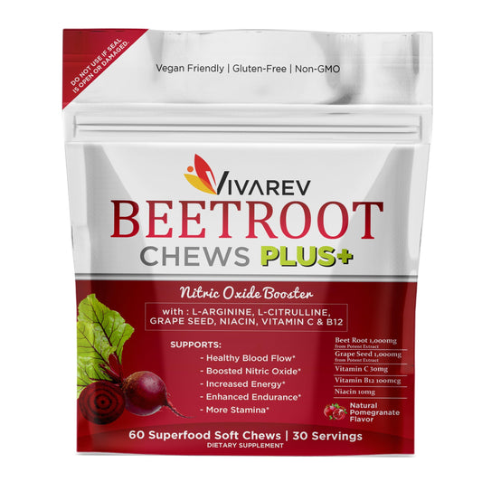 VIVAREV Beetroot Nitric Oxide Supplement - 1000mg Beet Powder with L Arginine, L Citrulline, Grape Seed Extract, Niacin, Vitamin C & B12 - Beet Chews - Pack of 60