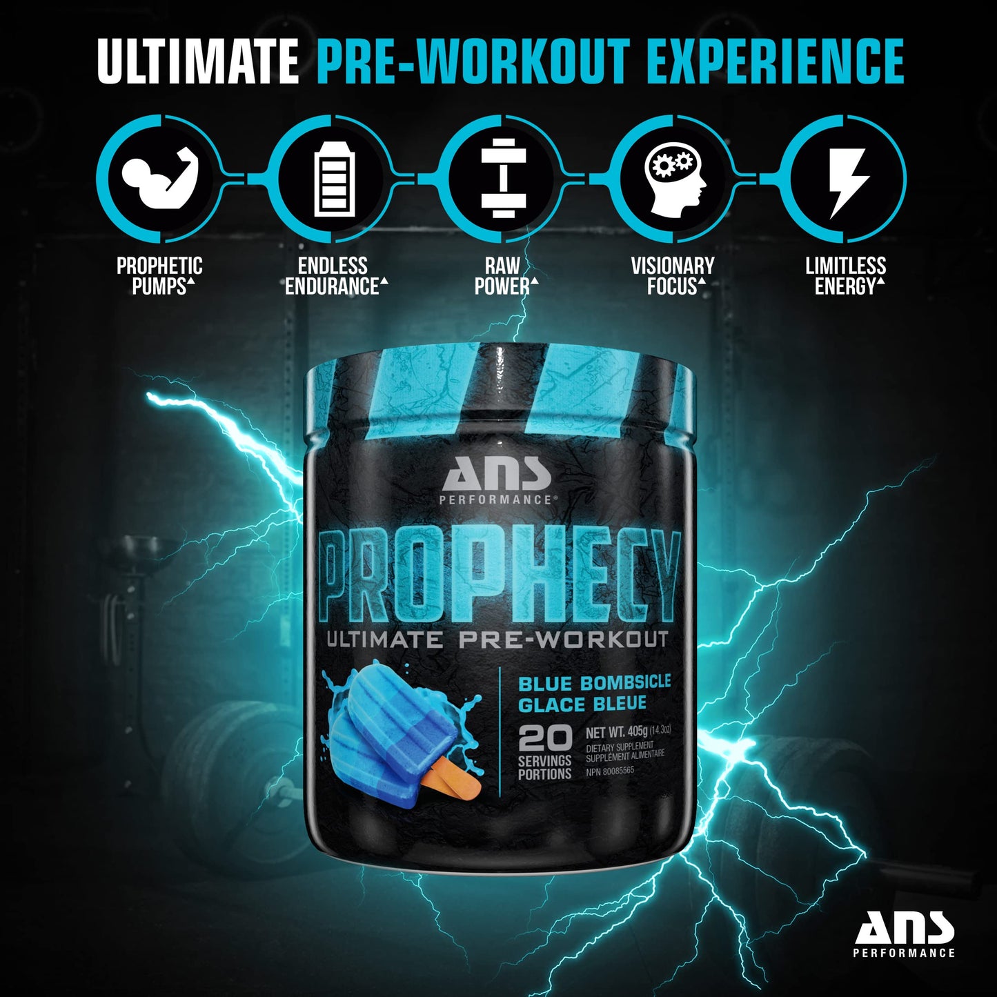 ANS Performance Prophecy Pre Workout Powder (20 Servings, 14.5 oz) - Gluten Free Pre-Workout Formula - Energy & Strength - Sugar Free- Increase Power & Workout Volum (Blue Bombsicle)