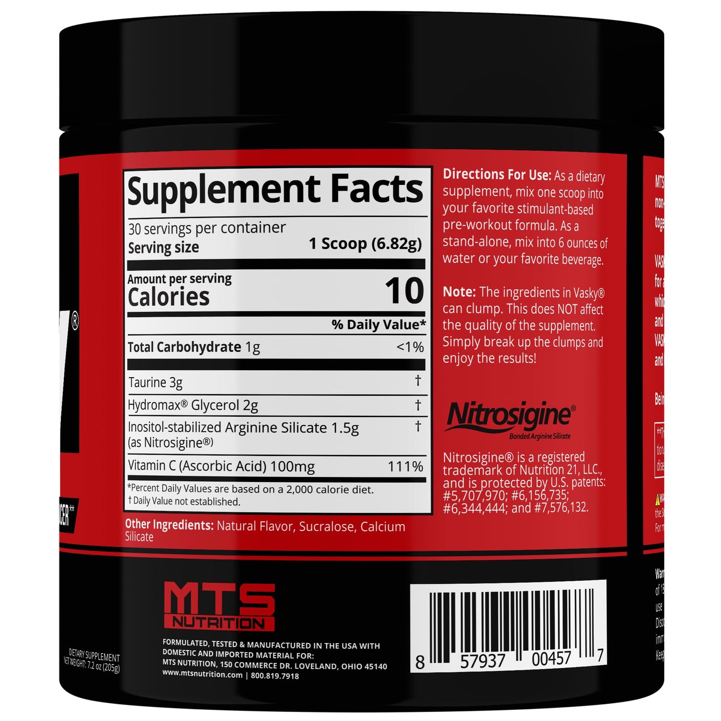 MTS Nutrition Vasky Non-Stimulant Pump Inducer - Muscle Saturating Preworkout - 30 Servings Unflavored