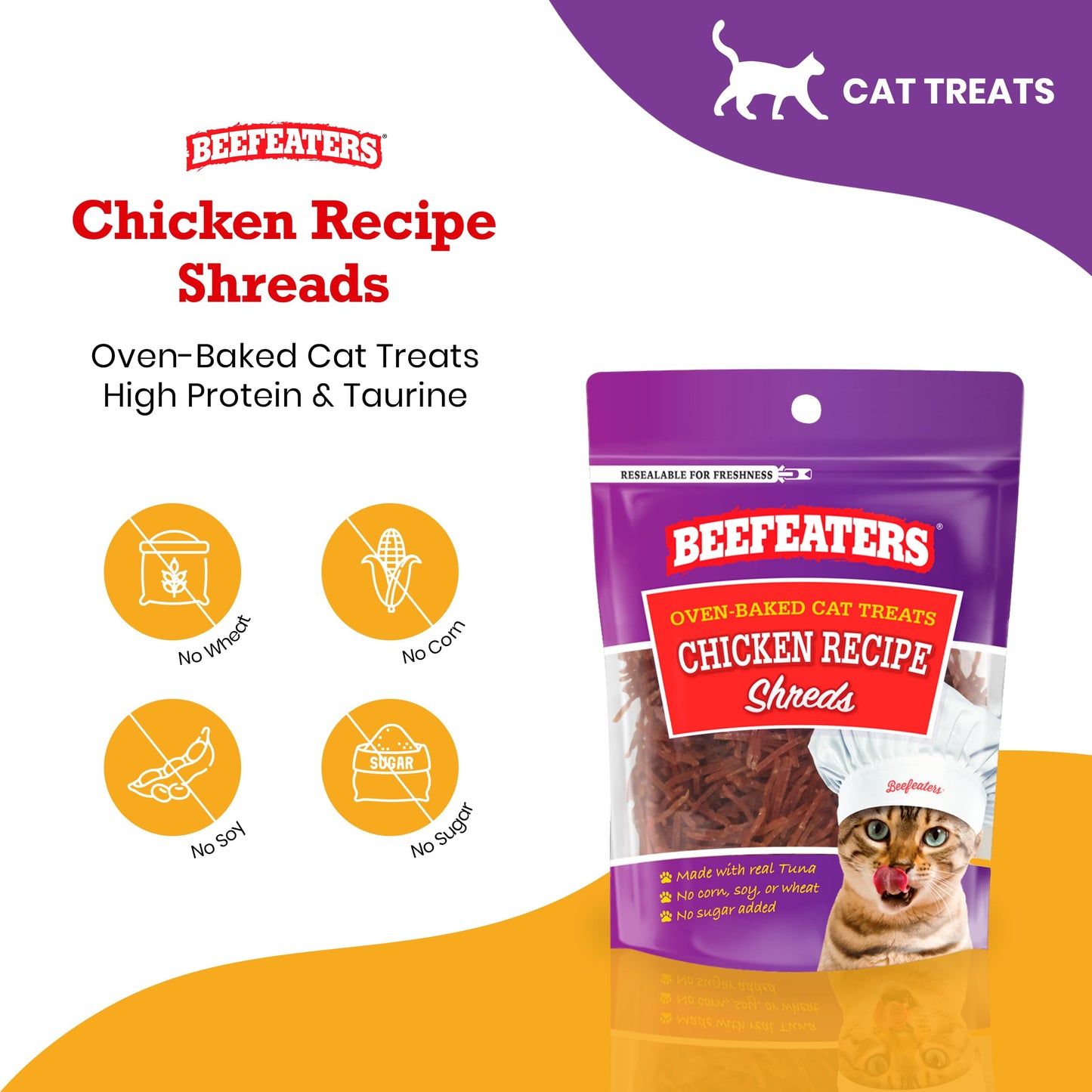 Beefeaters Cat Treat  Chicken Fillet Recipe Shreds 141oz Case of 12  Real Cat Food No SugarSoyCornWheat  High Protein  Taurine  Training Treats  No Artificial Additives
