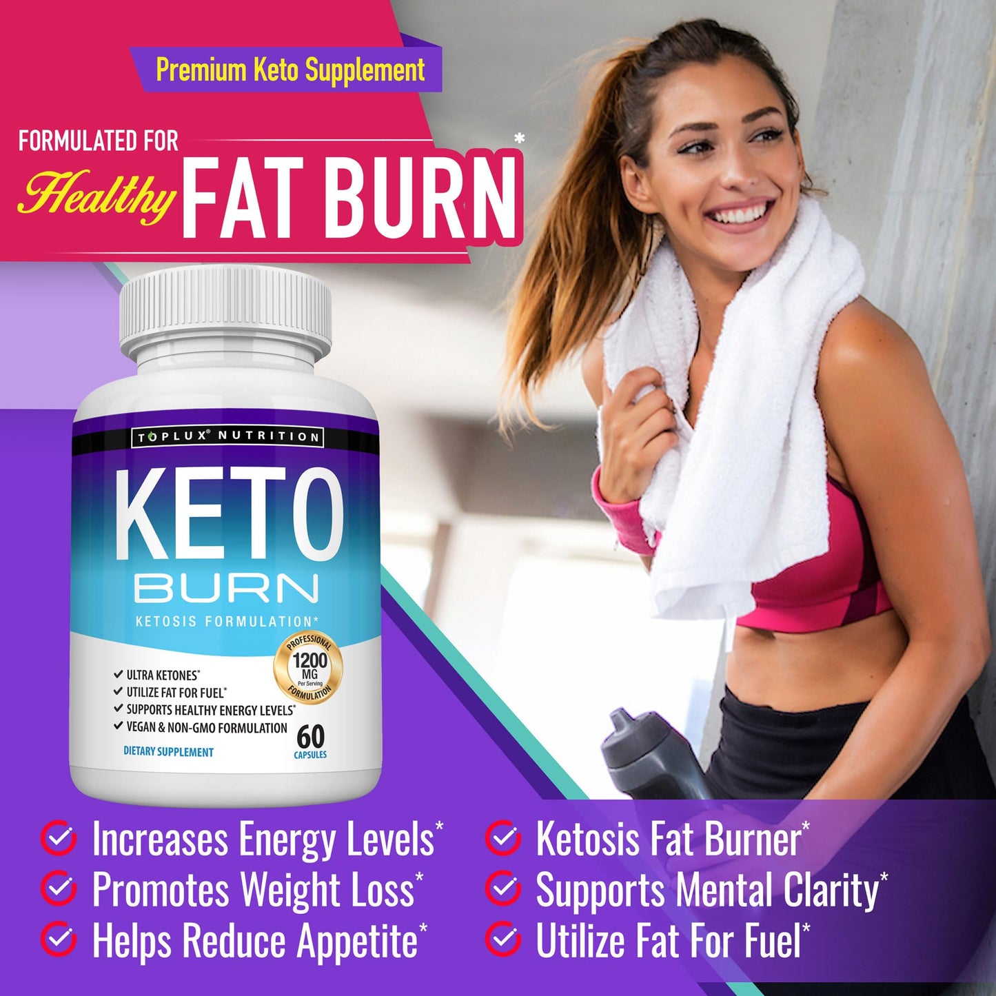 Toplux Keto Burn Pills Ketosis Weight Loss - 1200 Mg Ultra Advanced Natural Ketogenic Fat Burner Using Ketone Diet for Men Women 60 Capsules Supplement
