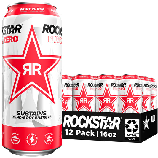 Rockstar Pure Zero Energy Drink Fruit Punch 0 Sugar with Caffeine and Taurine 16oz Cans 12 Pack Packaging May Vary