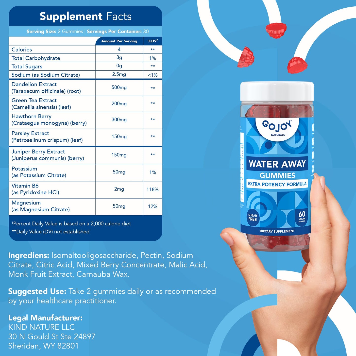 GOJOY Water Away Gummies - Natural Diuretic Support for Water Retention & Hydration Balance - Herbal Formula with Dandelion - 60 Vegan Gummies