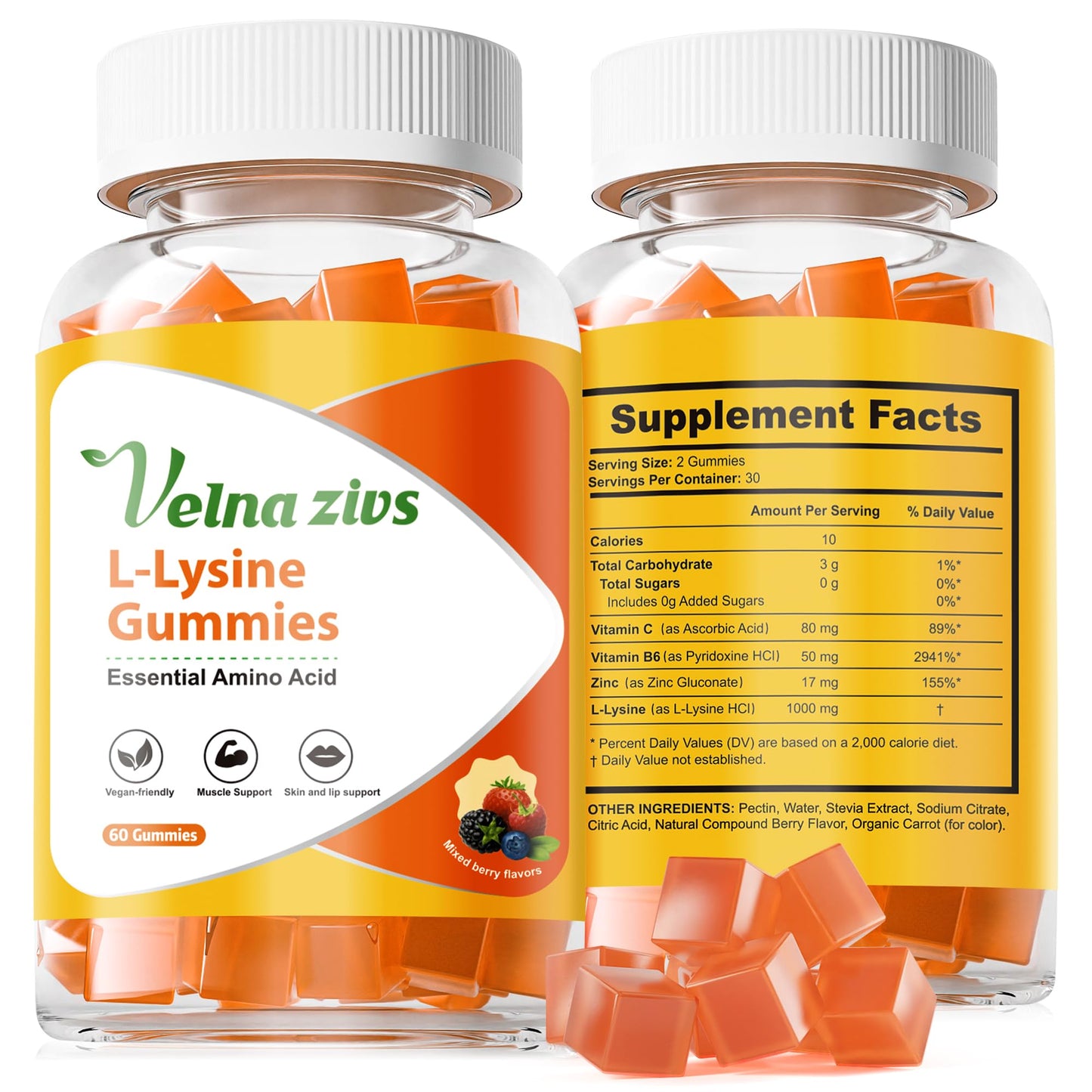 Velna zivs Lysine 1000mg Square-Shaped Gummies - Immune Support & Healthy Skin with Vitamin C B6-60 Vegan Doses, Non-GMO, Gluten/Gelatin Free