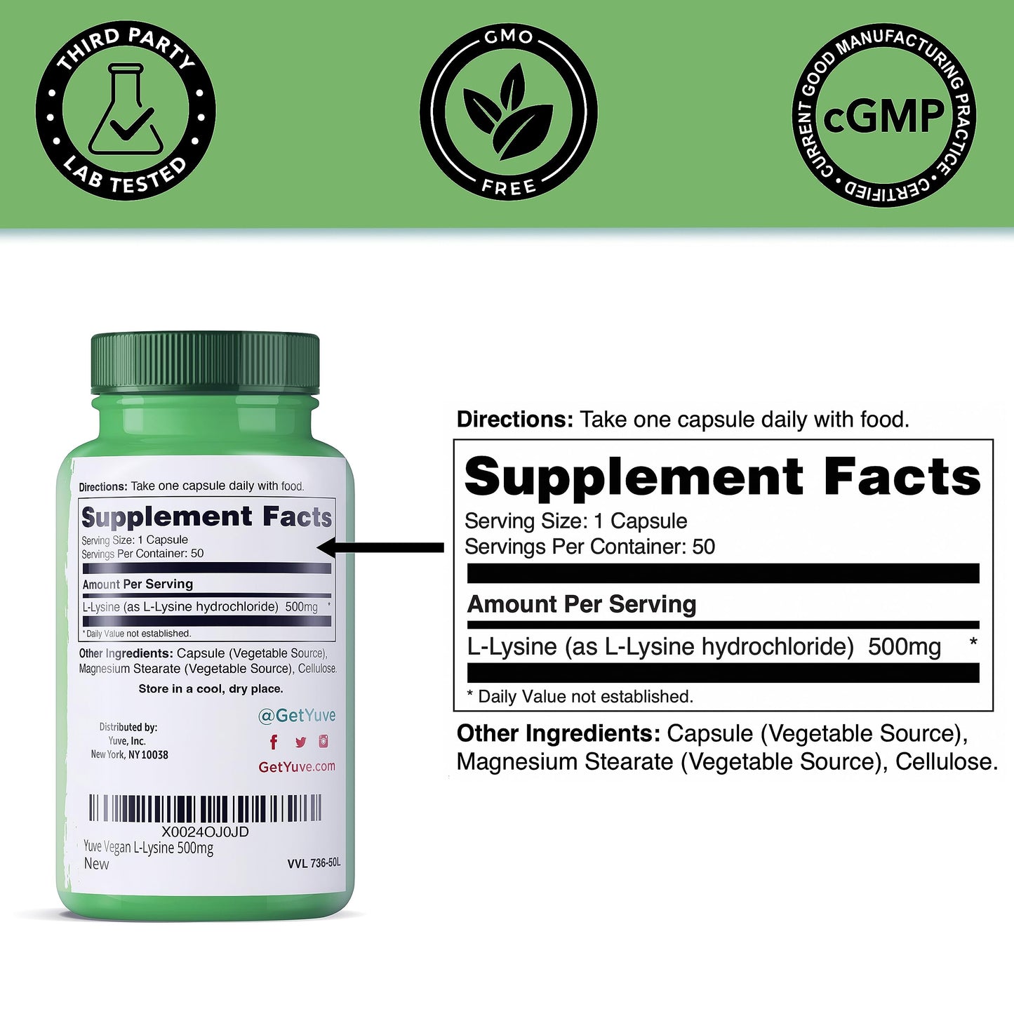 Yuve L-Lysine 500 mg Essential Amino Acid - Immune, Cold Sores & Collagen Synthesis Support - Maintain Healthy Arginine Levels & Optimal Calcium Absorption - Vegan, Gelatin-Free, Non-GMO - 50 Capsules