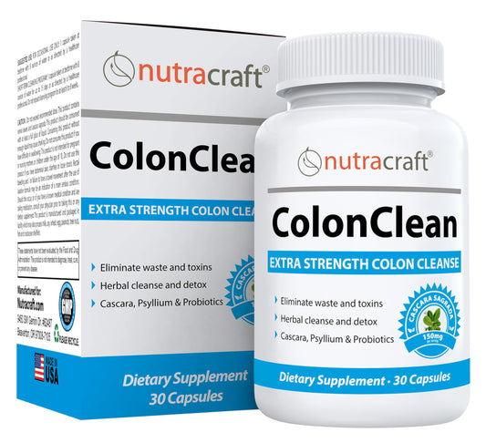 Nutracraft ColonClean #1 Colon Detox and Constipation Relief | Senna, Cascara Sagrada, Psyllium, MCT, Aloe and Probiotics | 30 Capsules