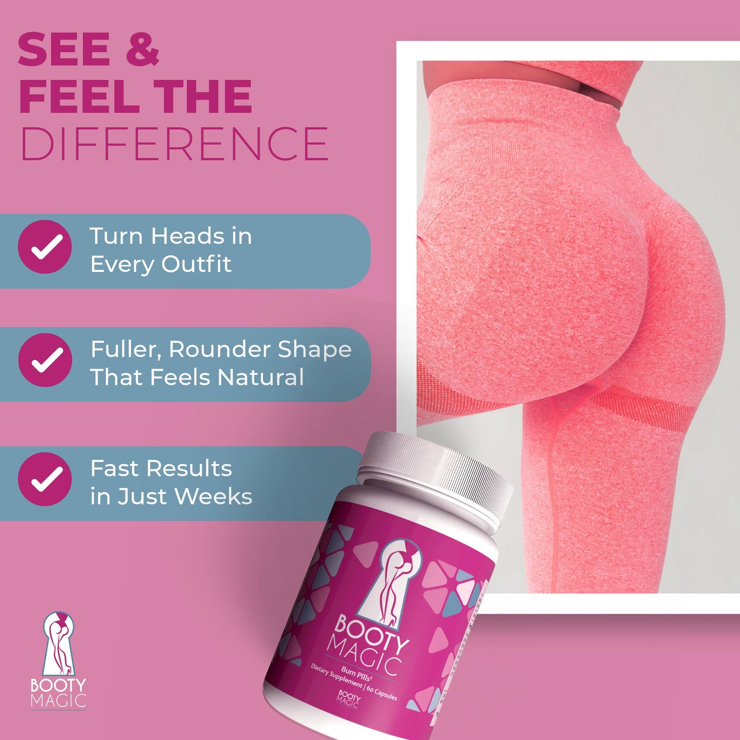 Booty Magic Butt Enhancement Pills - 2 Months Supply of Booty Pills, Bum Pills for Bigger, Rounder, Volumized Butt with Maca Root Extract, Fenugreek Extract