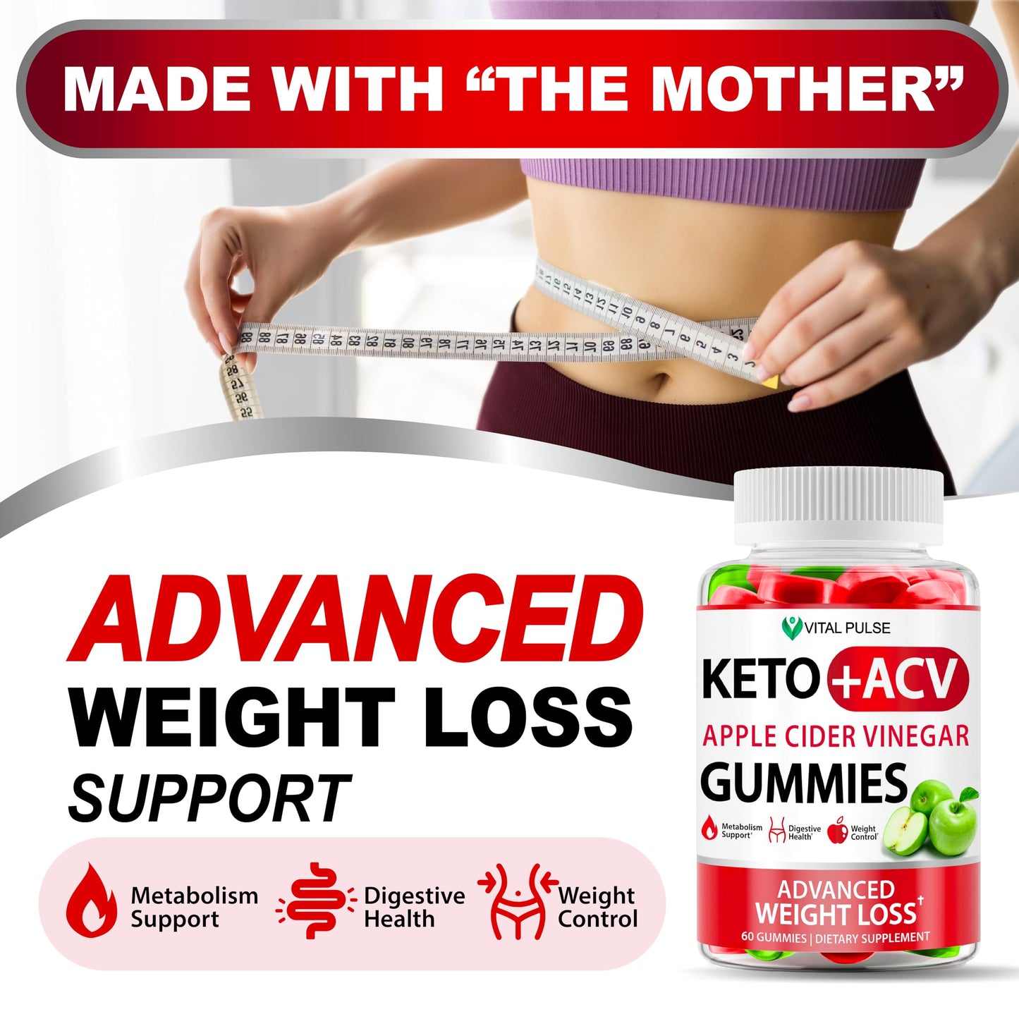 Keto ACV Gummies Advanced Weight Loss - ACV Keto Gummies for Weight Loss Gummy Supplement for Women and Men - Detox - Apple Cider Vinegar - Apple Flavor
