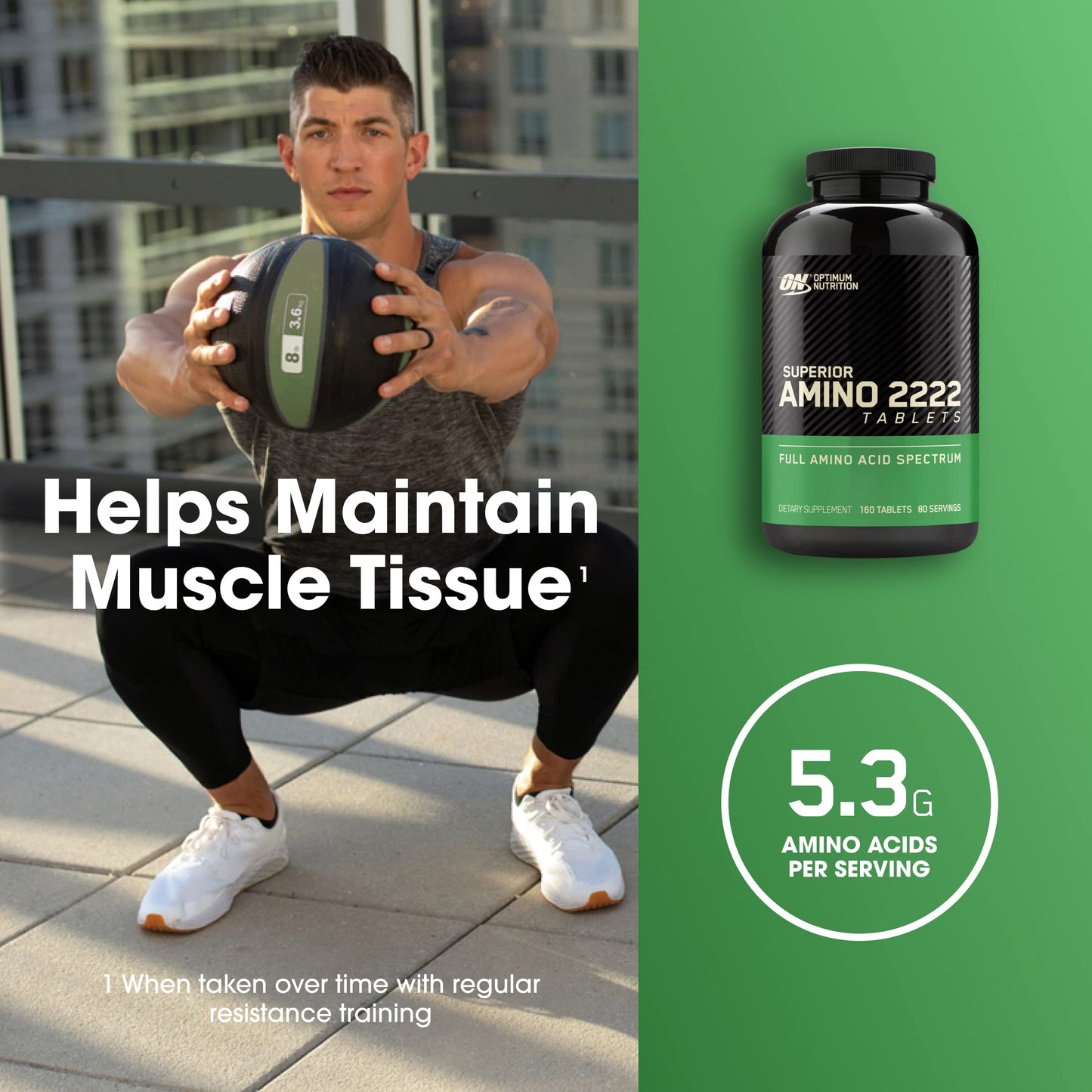 Optimum Nutrition Superior Amino 2222 Tablets, Complete Essential Amino Acids, EAAs, 160 Count