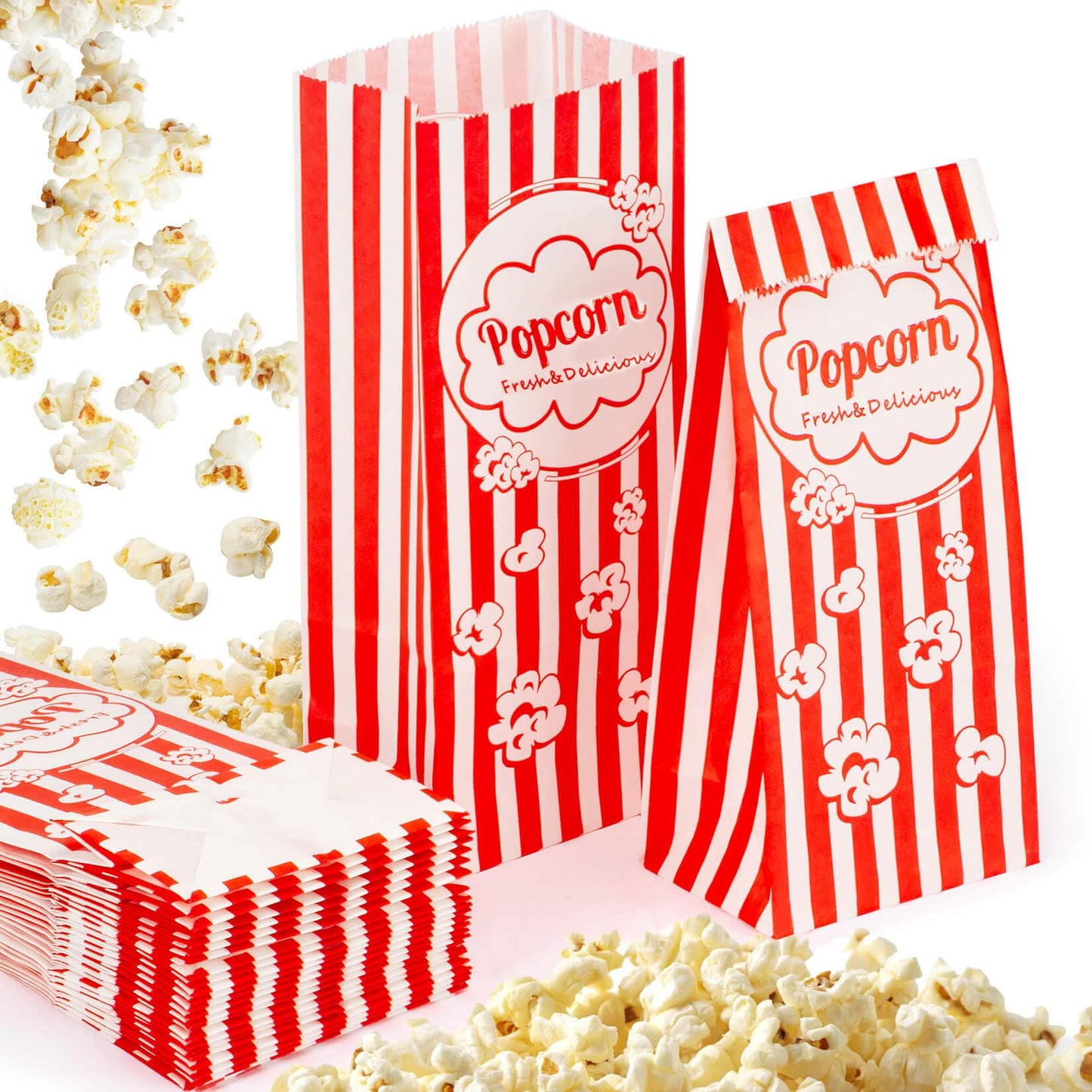 MAQIHAN 50 Popcorn Bags Individual Servings  Flat Bottom Paper Popcorn Food Bags Party Pop Corn Sleeves Bulk Carnival Halloween Snack Packs Gift Favor Treat bolsas para palomitas Movie Night Supplies