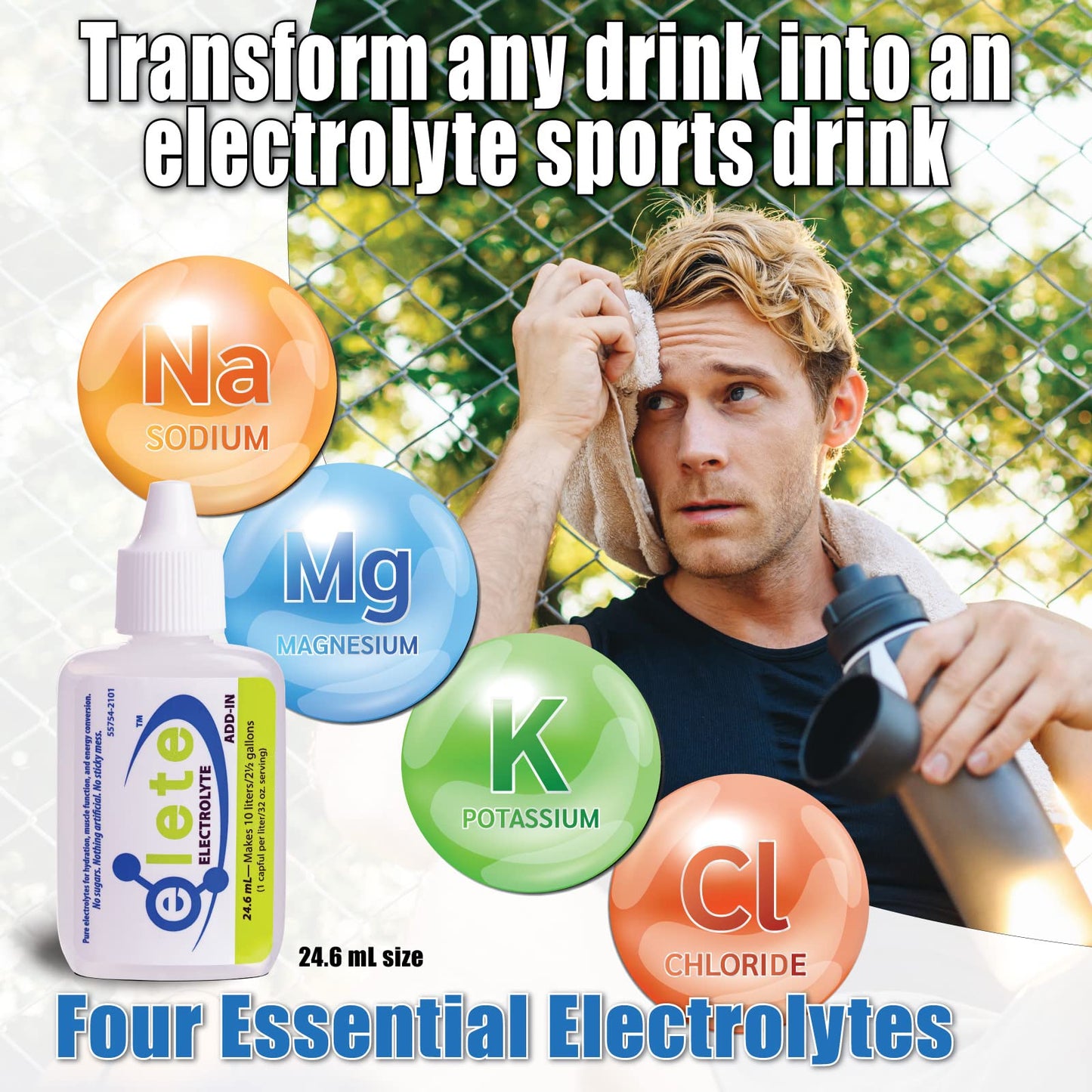 elete - Electrolyte Add-In - 1 Pocket Bottle - 4 Essential Electrolytes Concentrate - All Natural - Transforms Any Drink into a Sports Drink - 24.6mL