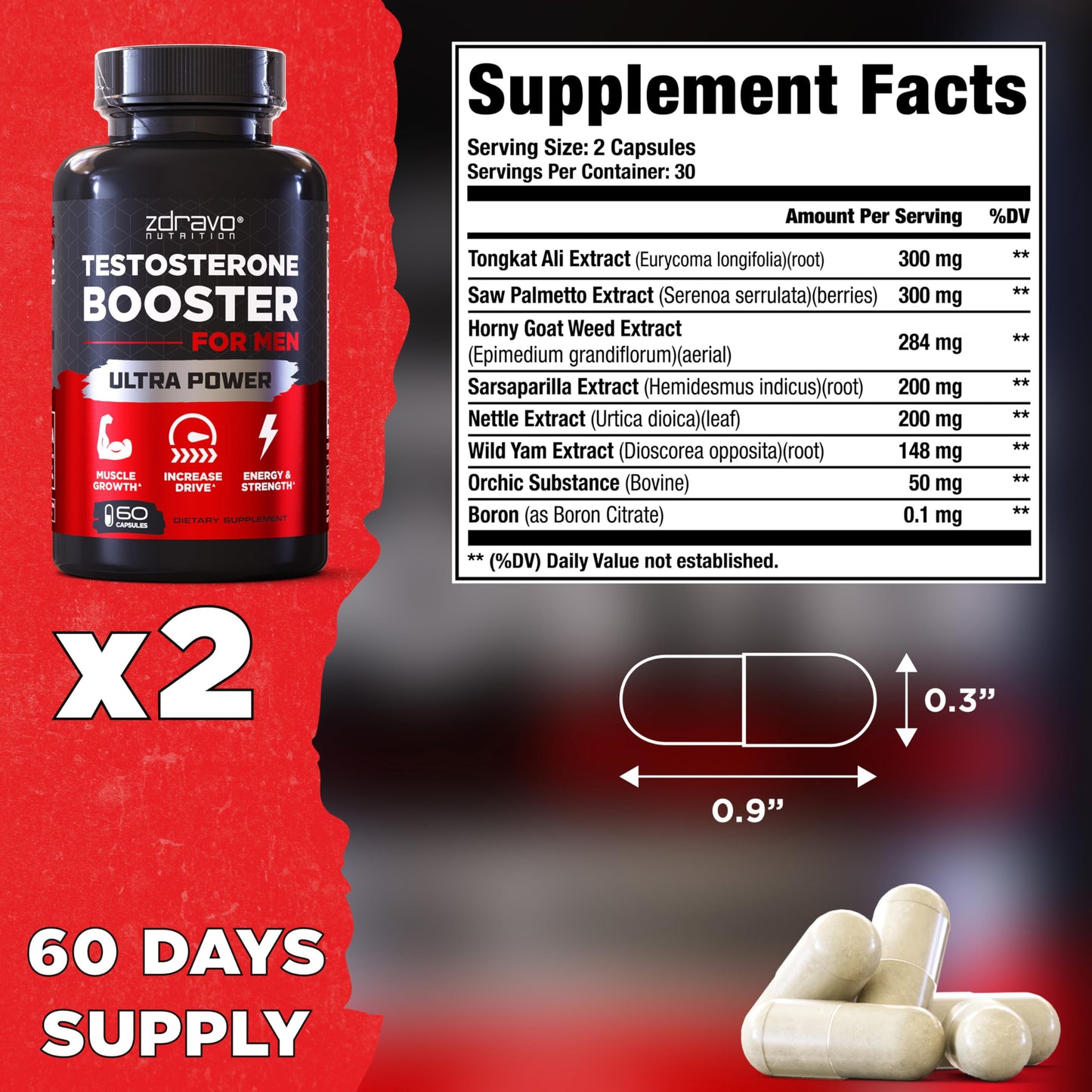 Testosterone Booster - Testosterone Supplement for Men - Workout Supplement for Muscle Growth, Libido, Stamina, Strength, Endurance - Male Enhancing Supplement Pills - Men's Test Booster - Tongkat Ali
