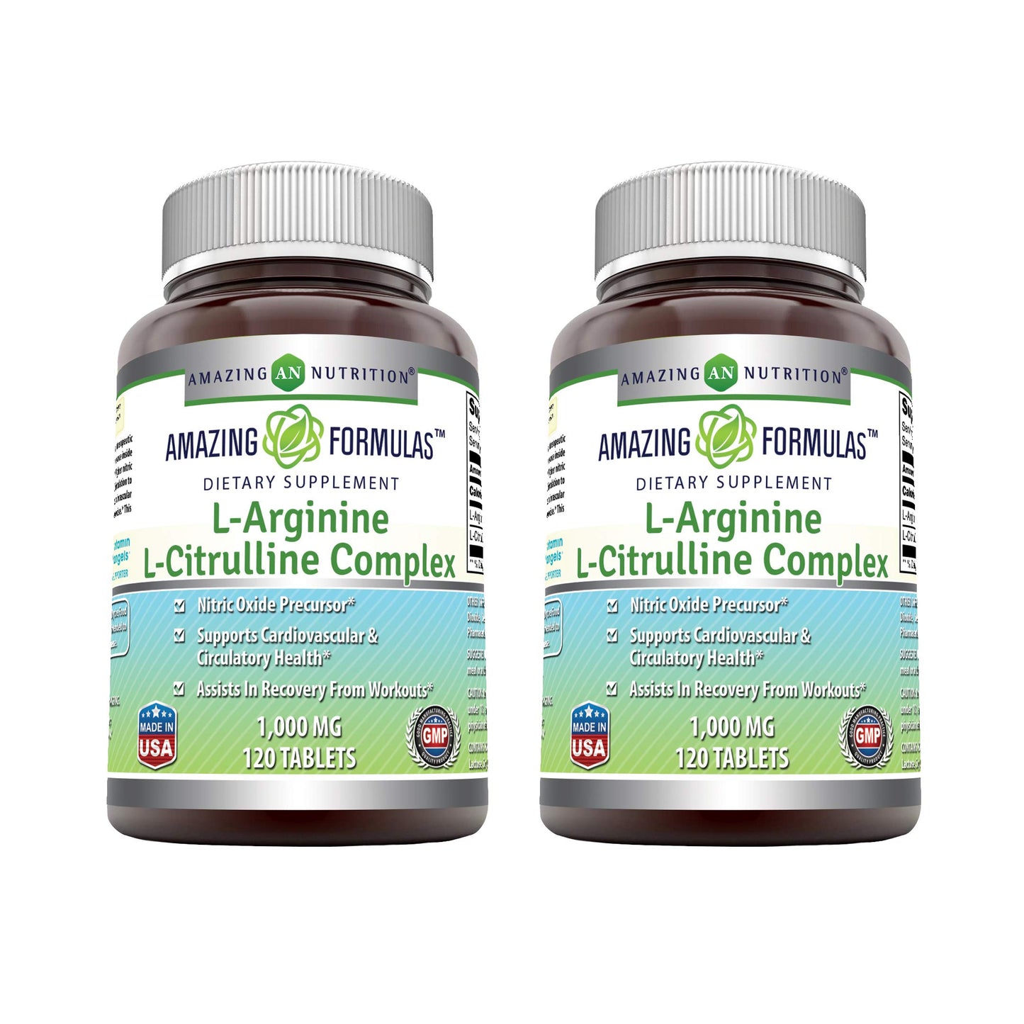 Amazing Formulas L-Arginine/L-Citrulline Complex 1000mg Tablets Supplement | Non-GMO | Gluten Free | Made in USA (120 Count | 2 Pack)
