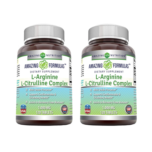 Amazing Formulas L-Arginine/L-Citrulline Complex 1000mg Tablets Supplement | Non-GMO | Gluten Free | Made in USA (120 Count | 2 Pack)