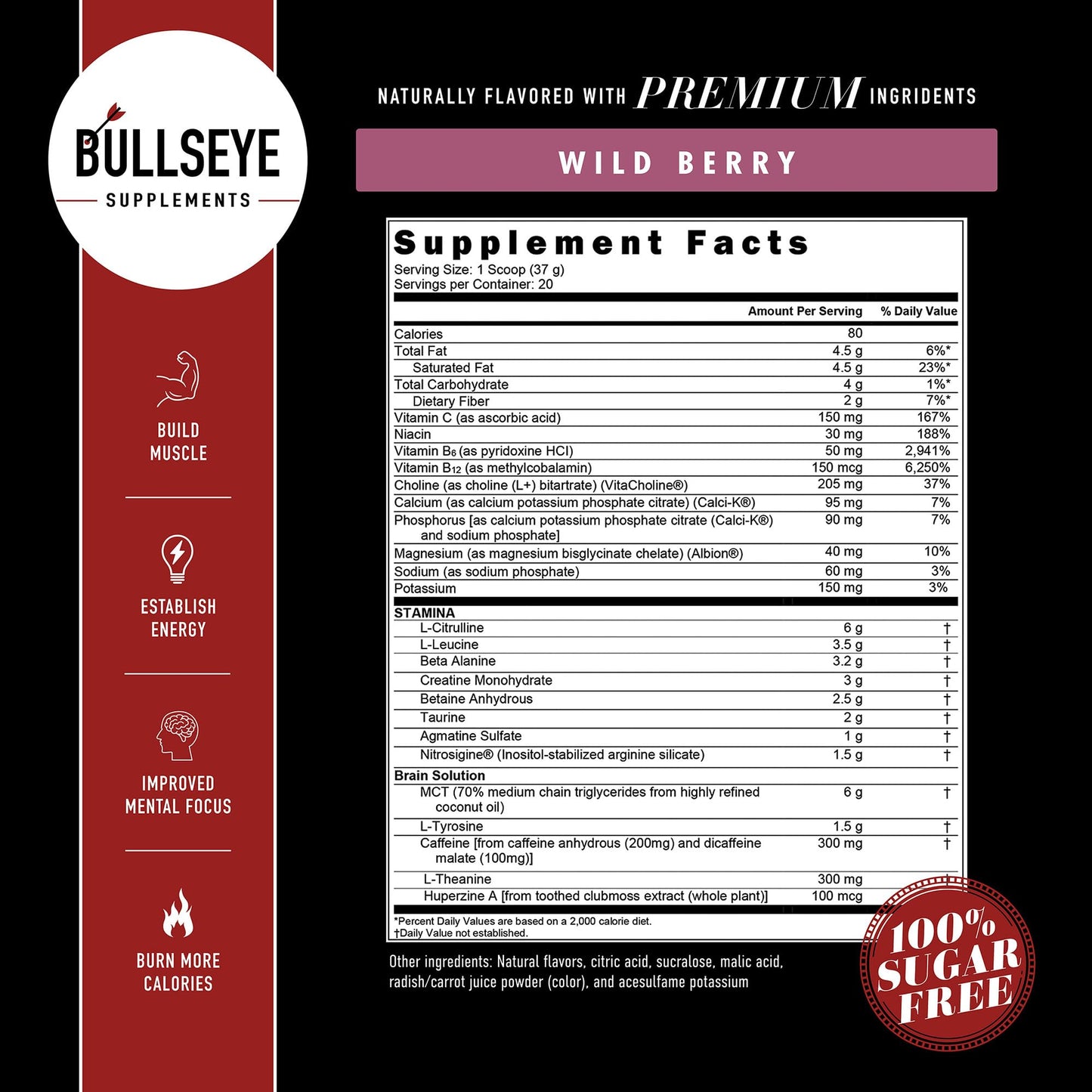 Bullseye MCT Oil Pre Workout Supplement - Creatine Monohydrate, Medium Chain Triglycerides, Beta Alanine, Caffeine, L-Citrulline, Muscle Gainer, Focus, Endurance, Energy -20 Servings - Wild Berry