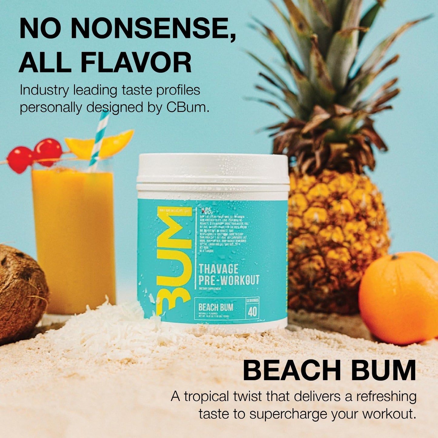 RAW Pre Workout Powder, Thavage (Beach Bum) - Chris Bumstead Sports Nutrition Supplement for Men & Women - Cbum Pre Workout for Working Out, Hydration, Mental Focus & Energy - 40 Servings