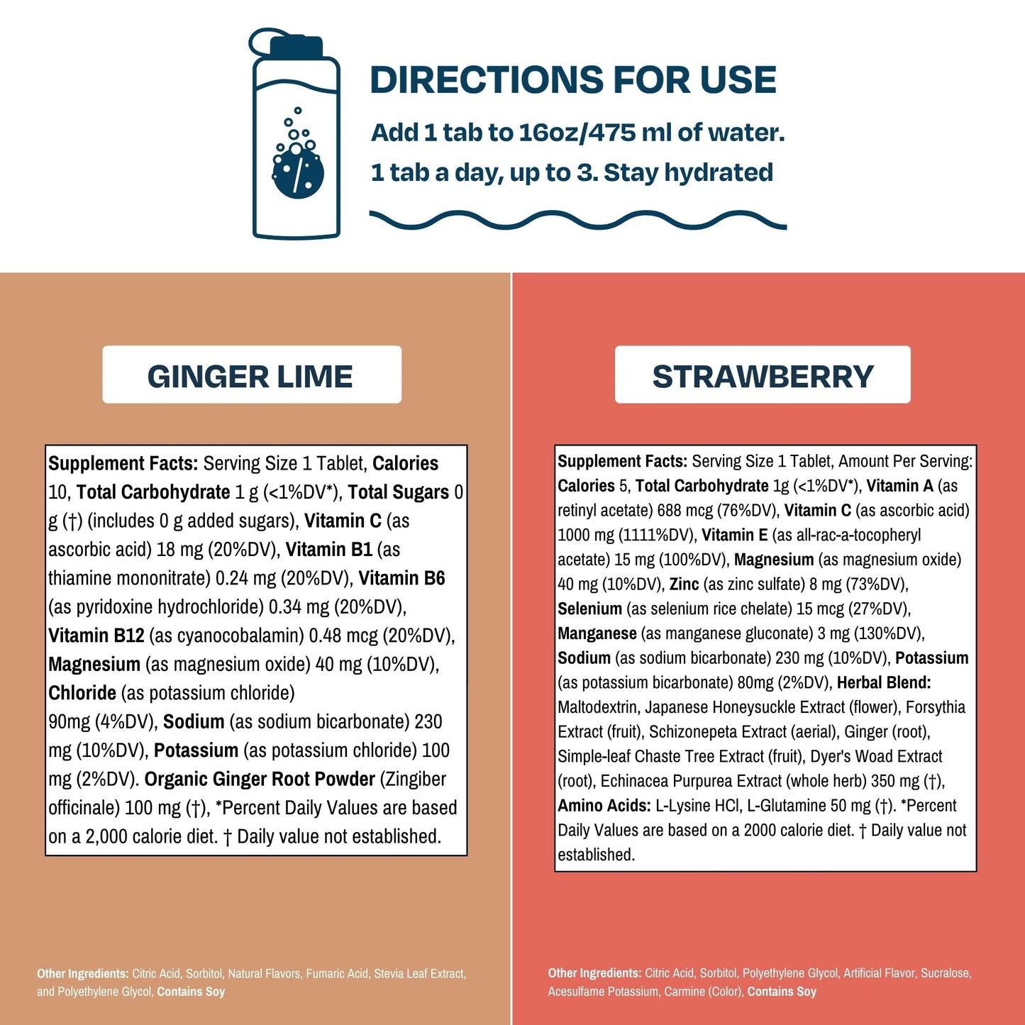 Drinklits Ginger-Lime Electrolyte Hydration & Strawberry Immunity Tablets (2) Tube Combo Pack | Great Taste - Gluten Free - Daily Use | 20 Servings (10 Tablets Per Tube)