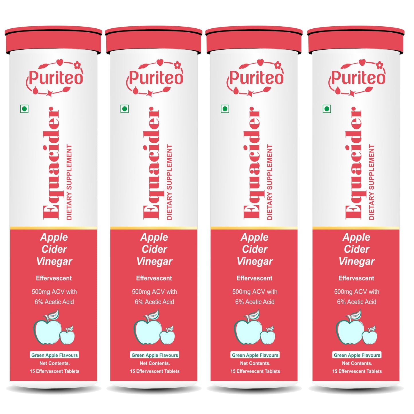 PURITEO-EQUACIDER Apple Cider Vinegar Effervescent Tablets with The Mother, Vegan, No Added Sugar, Non-GMO & Gluten-Free Tablet - (60 Tablets, Pack of 4)