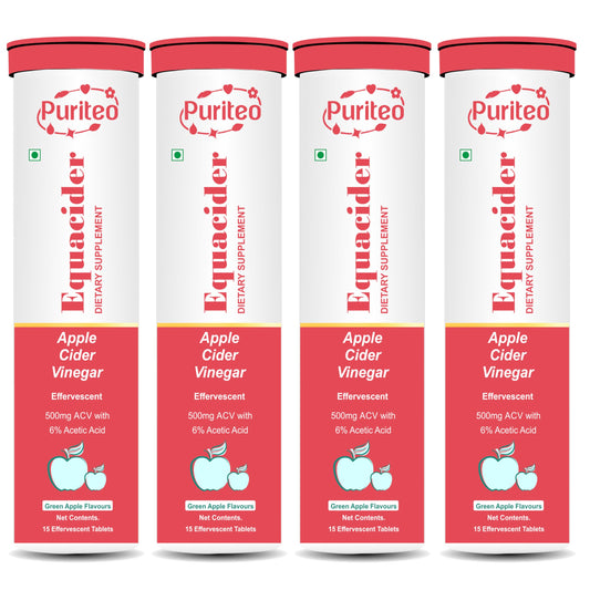 PURITEO-EQUACIDER Apple Cider Vinegar Effervescent Tablets with The Mother, Vegan, No Added Sugar, Non-GMO & Gluten-Free Tablet - (60 Tablets, Pack of 4)