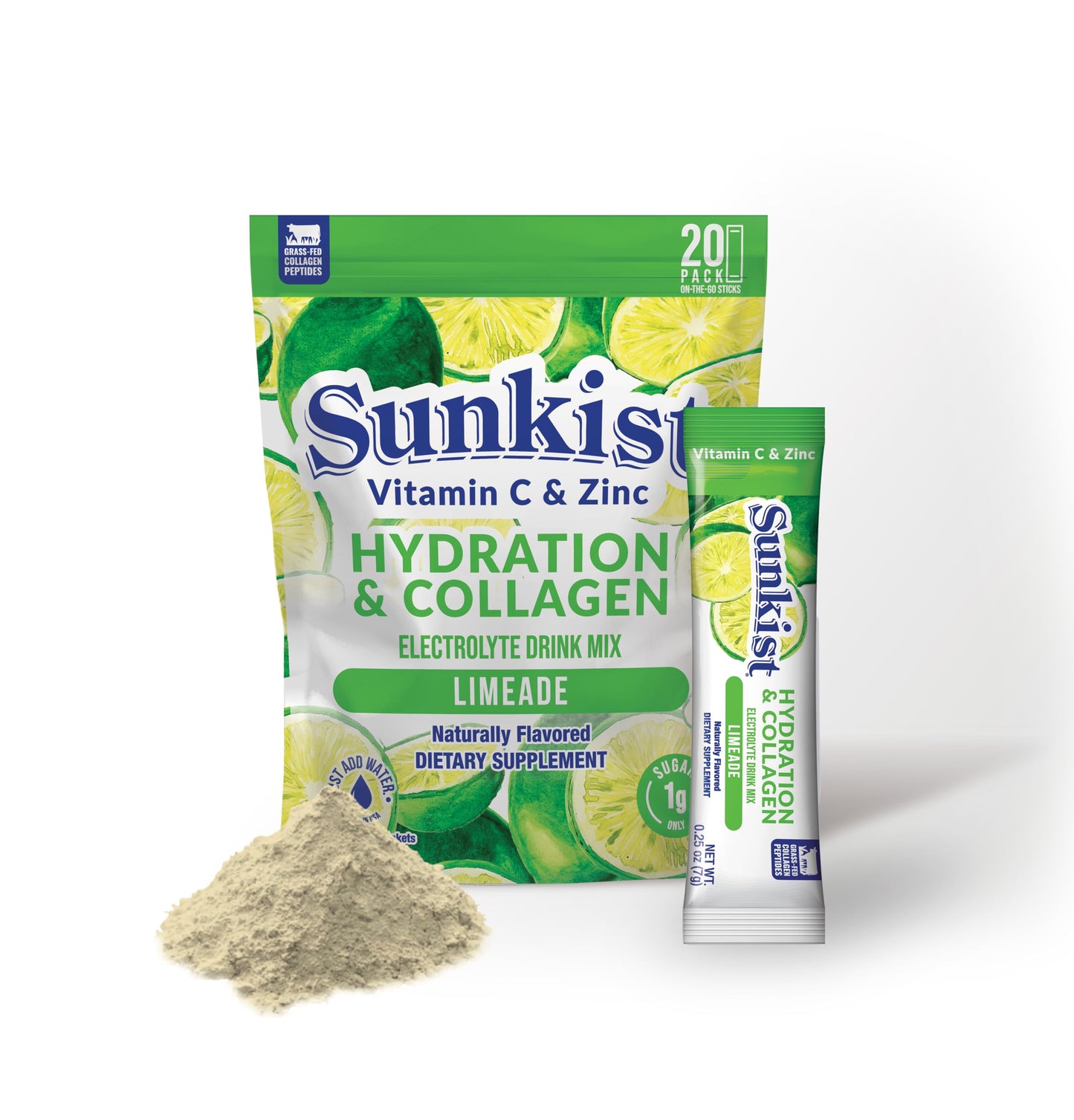 The Frozen Bean Harmony Proteins- Sunkist Collagen Drink Mix - Hydration Limeade Electrolyte Drink for Women with Vitamin C, Zinc, Collagen Peptides, Naturally Flavored - 20 Pack