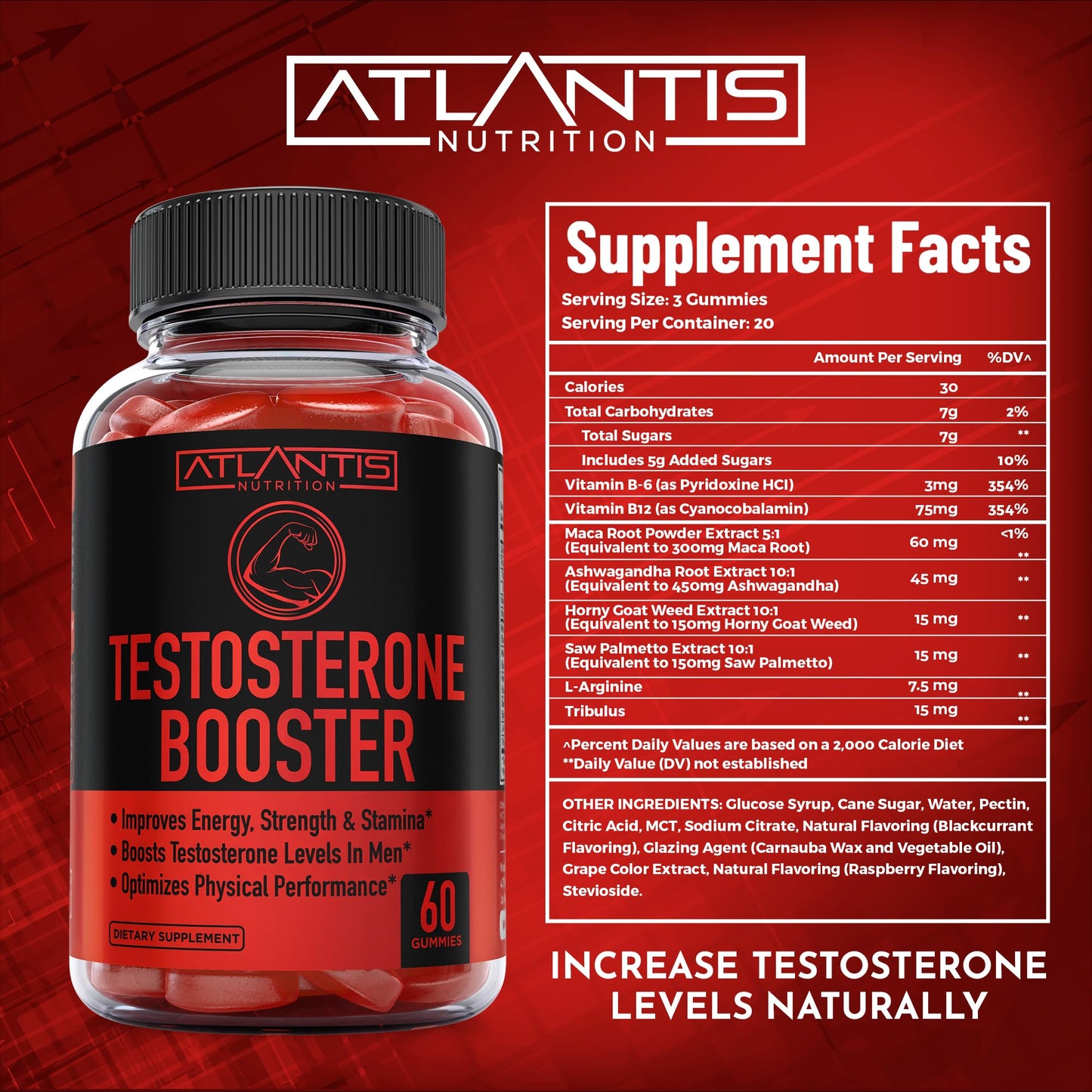 Atlantis Nutrition Testosterone Booster Gummies For Men - Enhances Strength & Stamina - Optimizes Performance & Male Enhancement - Made With Tribulus, Horny Goat Weed, Maca Root | 2-Pack (120 Gummies)