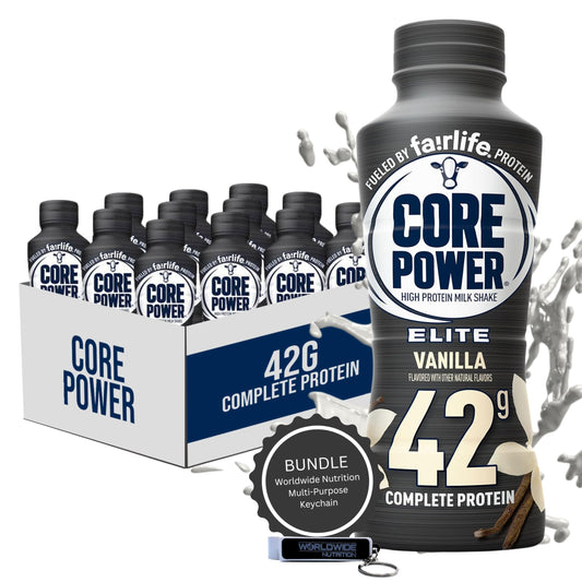 Worldwide Nutrition Bundle: Fairlife Core Power Elite 42g High Protein Milk Shake - Kosher, Vanilla Flavor Protein Shake for Workout Recovery - 14 Fl Oz (Pack of 12) & Multi-Purpose Key Chain