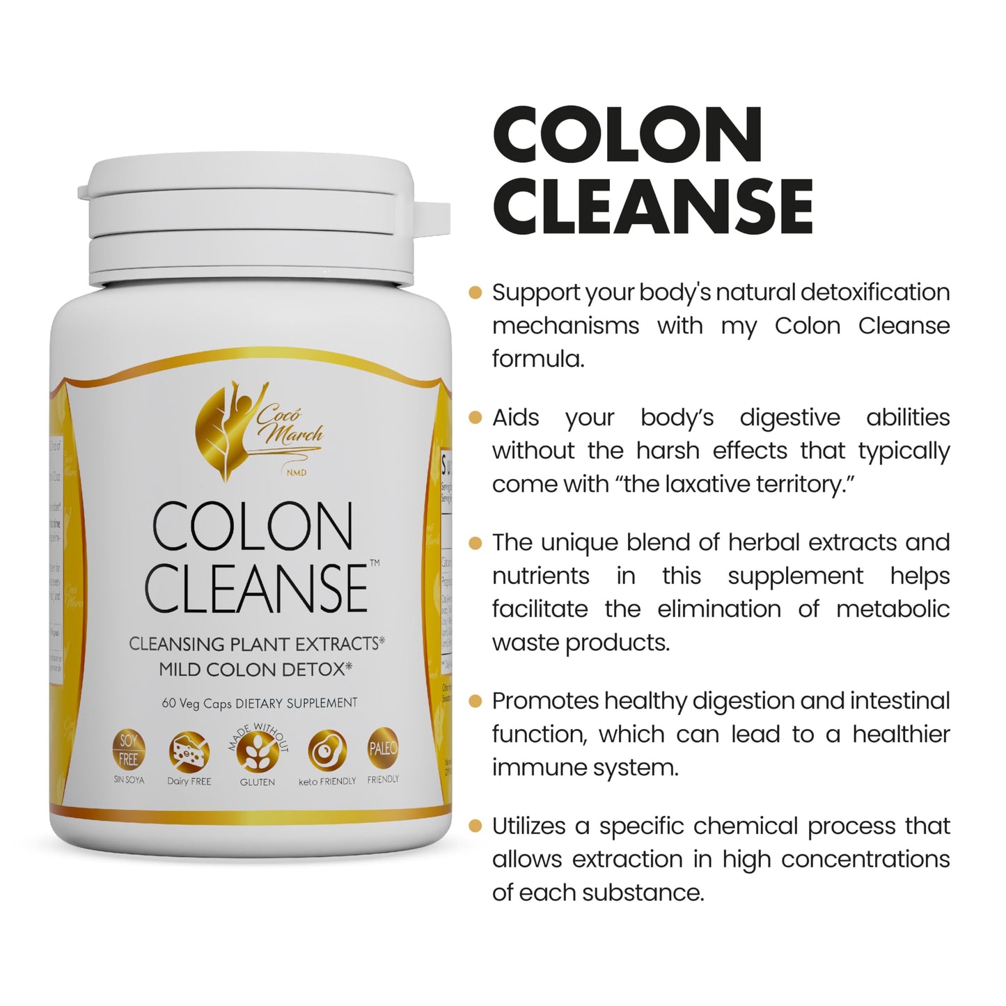 Coco March Colon Cleanse - Dietary Supplement, Cleansing Plant Extracts, Mild Colon Cleanse - Gluten Free, Dairy Free, Soy Free, Keto Friendly, Paleo Friendly, 60 Veg Caps - 15 Servings