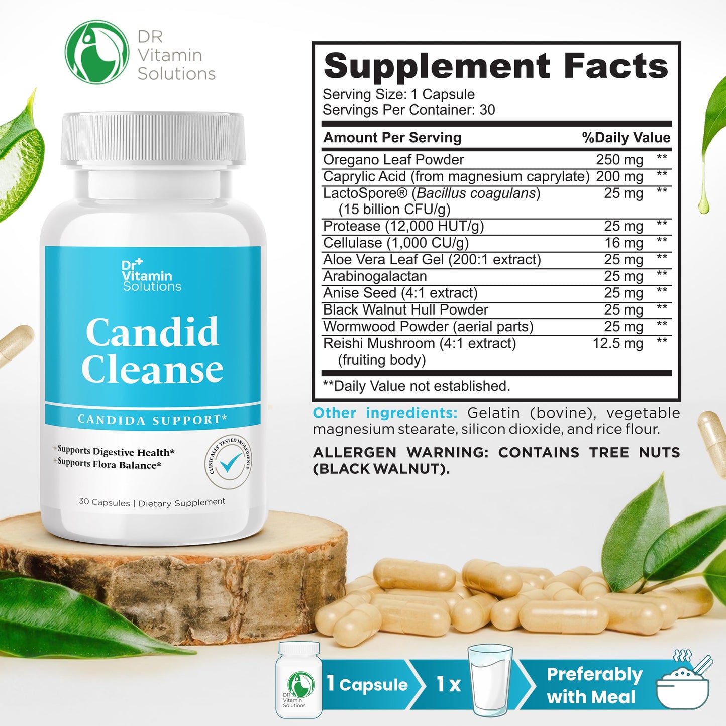 Dr. Vitamin Candida Cleanse Supplement for Men & Women | Supports Digestive Health & Flora Balance | Includes Oregano Leaf Powder, Caprylic Acid & LactoSpore for Detox & Gut Health | 30 Capsules