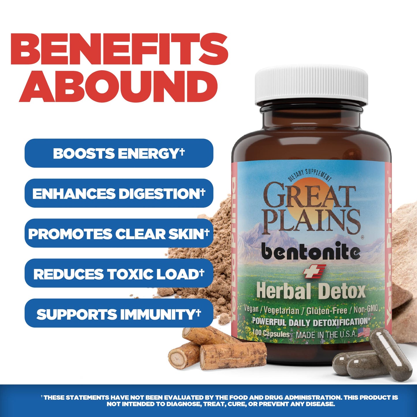 Yerba Prima Bentonite Clay Plus Herbal Detox, 100 Veg Capsules - Food Grade Clay from The Great Plains, USA - Colon & Liver Cleanse Supplement with Calcium Clay