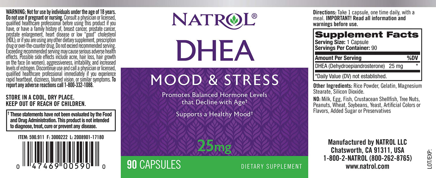 Natrol Mood & Stress DHEA 25mg, Dietary Supplement for Balance of Certain Hormone Level and Mood Support, 90 Capsules, 90 Day Supply