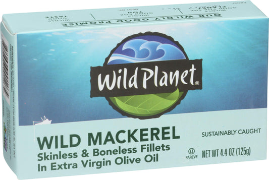 Wild Planet Skinless Boneless Mackerel Fillets in Organic Extra Virgin Olive Oil Tinned Fish Sustainably Caught NonGMO Kosher Gluten Free Keto and Paleo 44 Ounce Single Unit