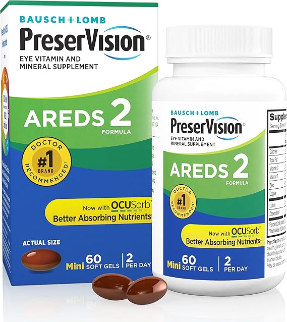 PreserVision AREDS 2 Eye Vitamins, #1 Eye Doctor Recommended Brand, Lutein and Zeaxanthin Supplement with Vitamin C, Vitamin E, Zinc, and Copper, 60 Softgels (Minigels)