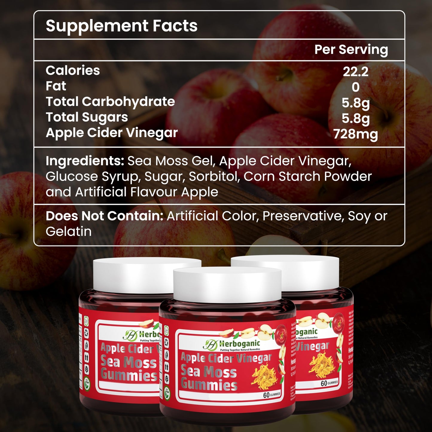 HERBOGANIC Apple Cider Gummies, 60 Gummies for Your Over All Health and Wellness